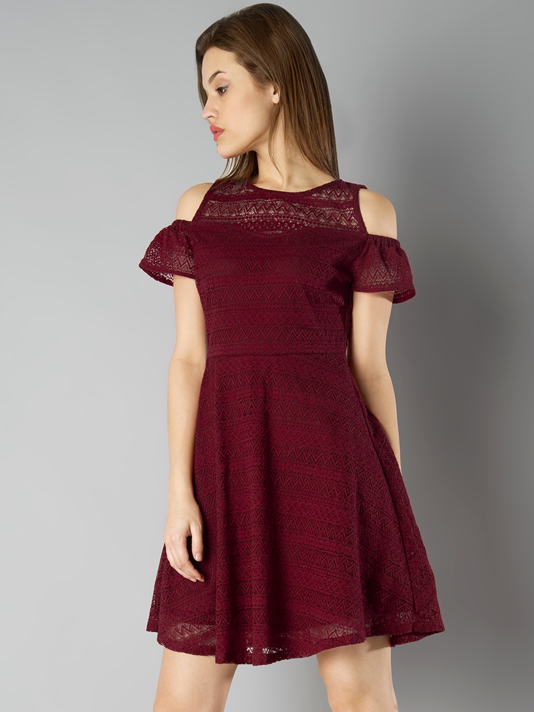 

FabAlley Women Maroon Self-Design Cold Shoulder Lace Fit & Flare Dress