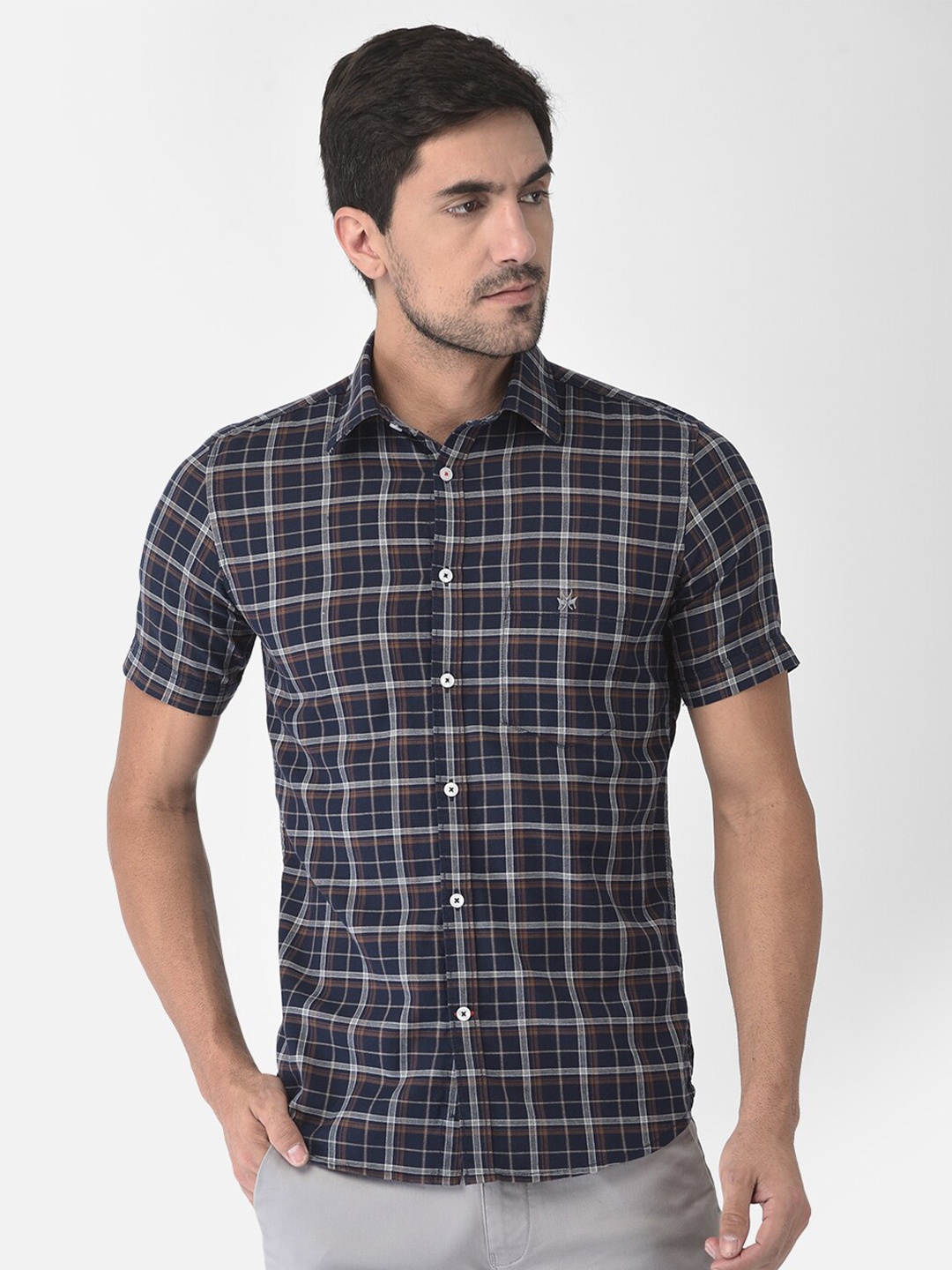 

Crimsoune Club Men Navy Blue Slim Fit Tartan Checks Checked Casual Shirt