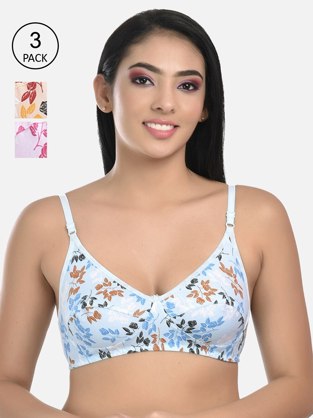 

StyFun Women Pack Of 3 Floral Non Padded & Non-Wired Seamless Bra-S_Muskan_Bra_Packof3, Blue