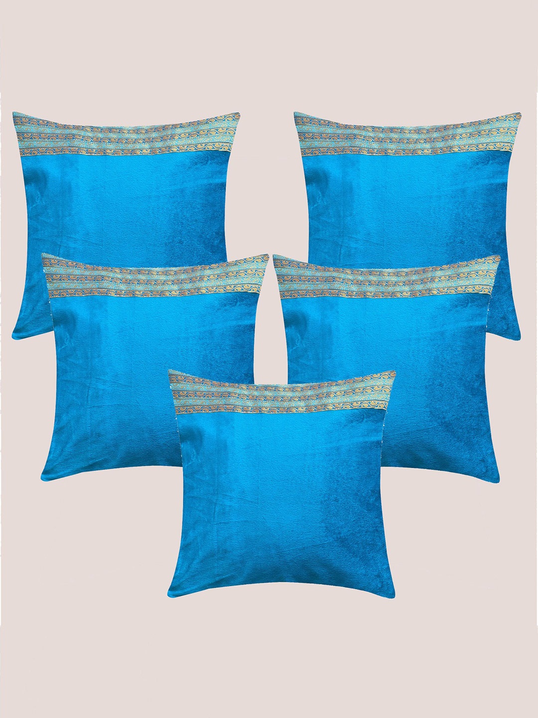 

Molcha Blue & Gold-Toned Set of 5 Striped Velvet Square Cushion Covers