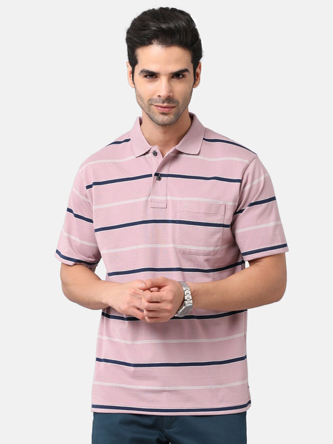 

Classic Polo Men Pink Striped Polo Collar T-shirt