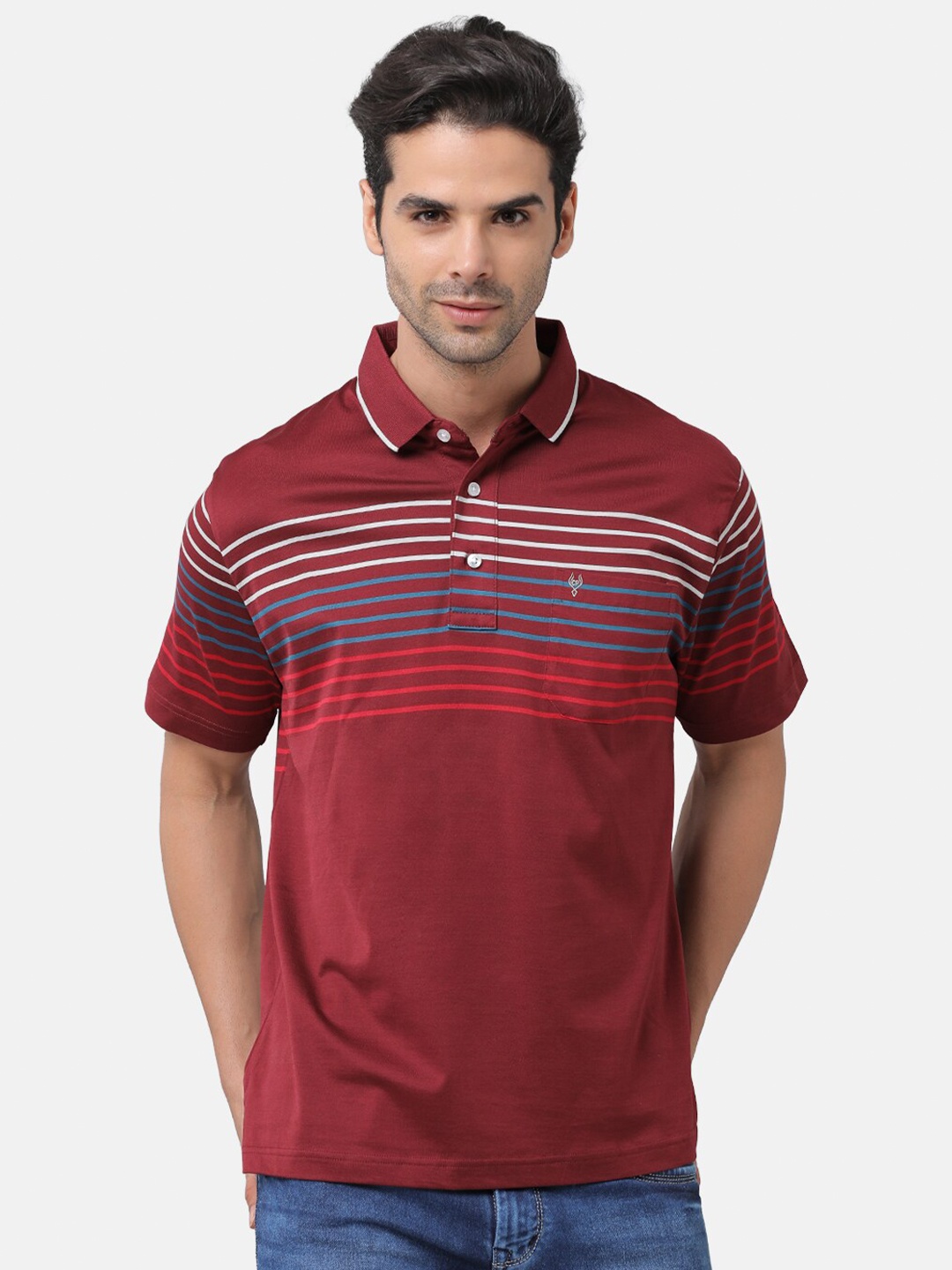 

Classic Polo Men Maroon Striped Polo Collar T-shirt