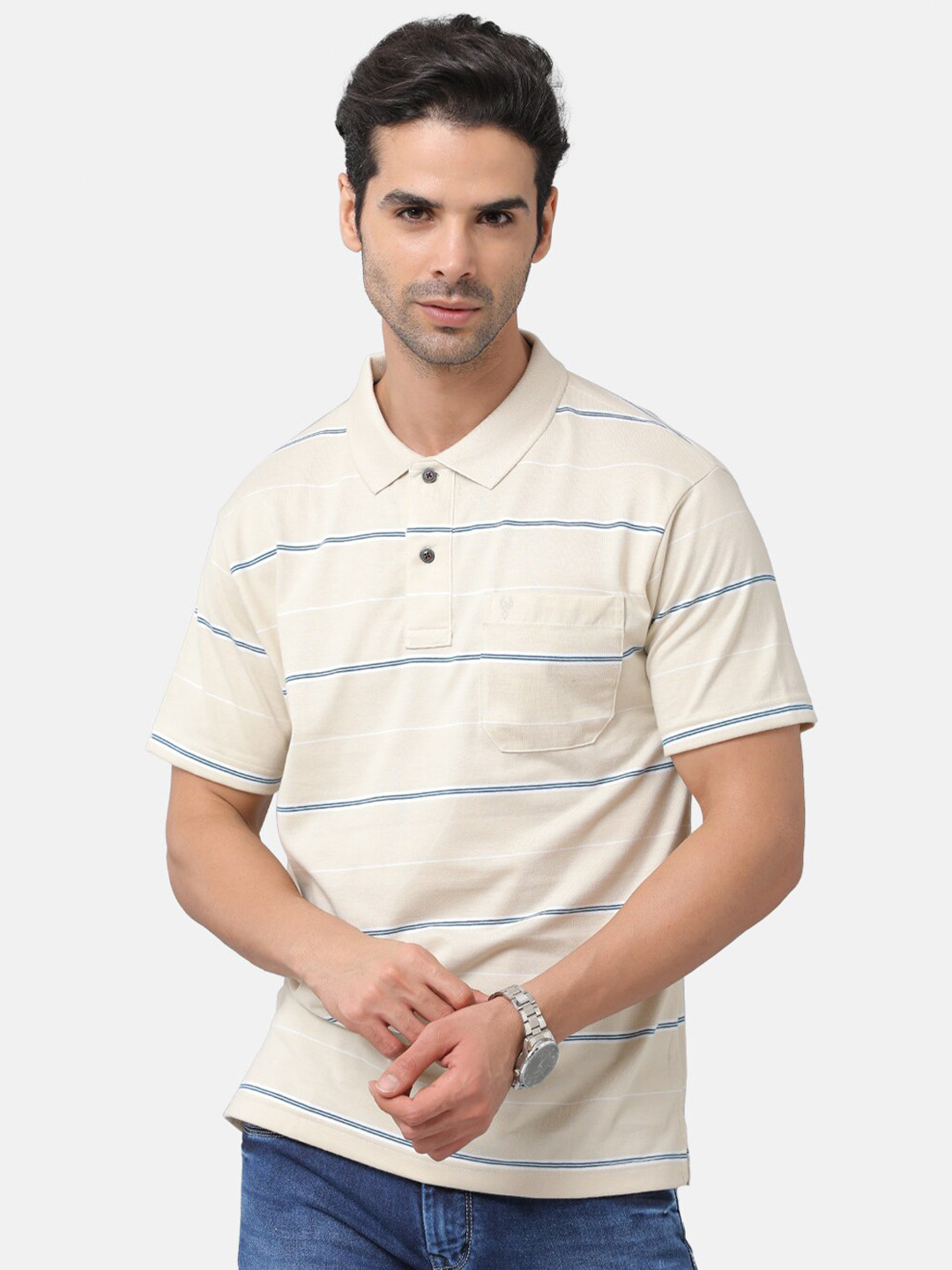 

Classic Polo Men Cream-Coloured Striped Mandarin Collar T-shirt