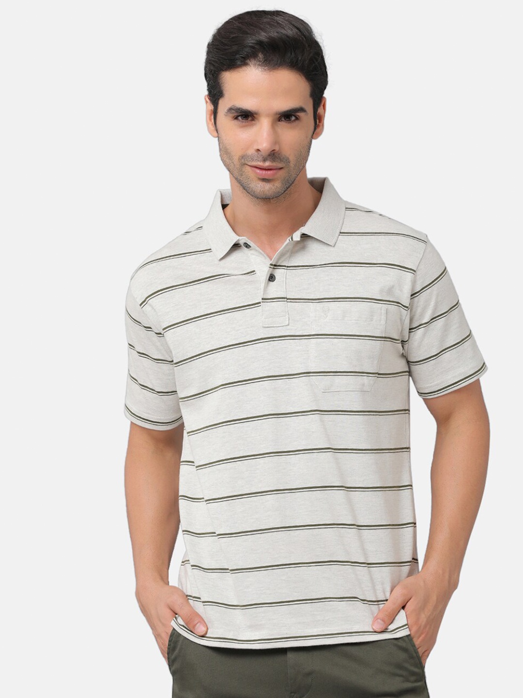 

Classic Polo Men Grey Striped Polo Collar T-shirt