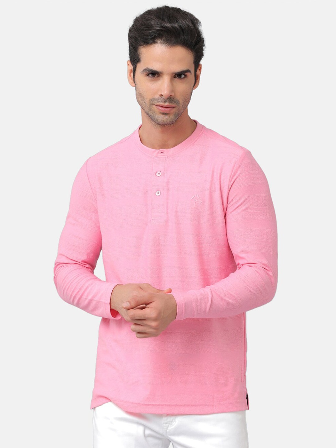 

CP BRO Men Pink Henley Neck Slim Fit T-shirt