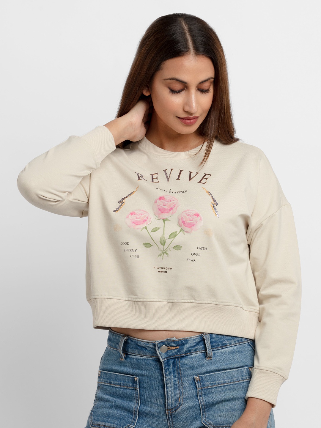 

Status Quo Women Beige Embroidered Sweatshirt