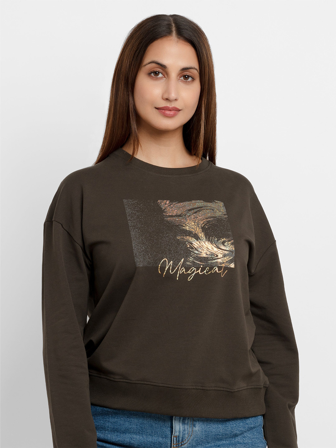 

Status Quo Women Olive Green Printed Sweatshirt