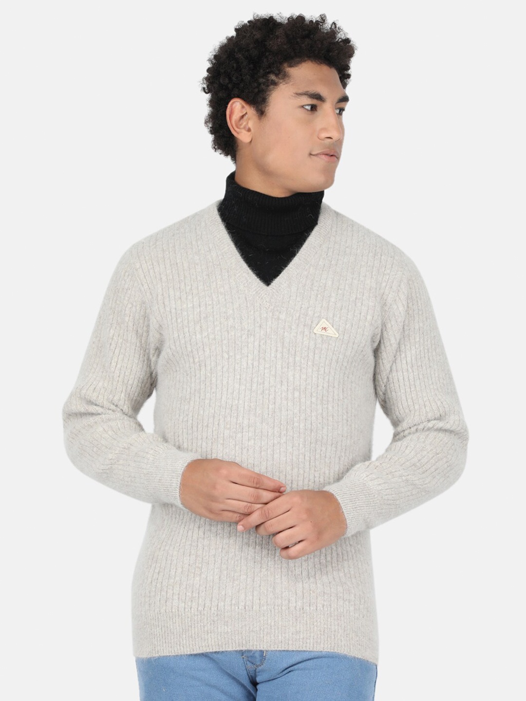 

Monte Carlo Men Beige Ribbed V-Neck Woolen Pullover