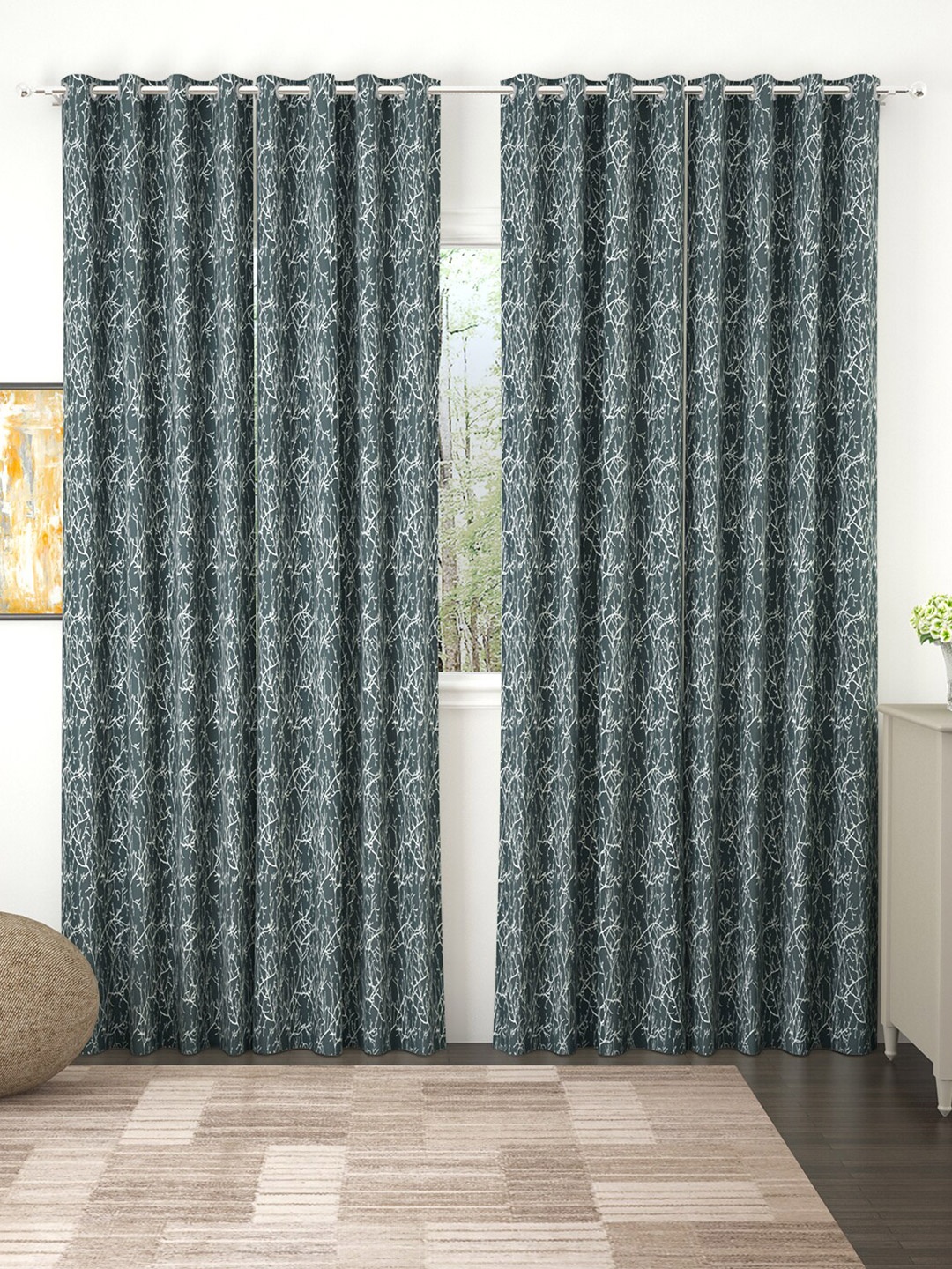 

Story@home Grey & Off White Set of 4 Grey Floral 400 GSM Room Darkening Door Curtain