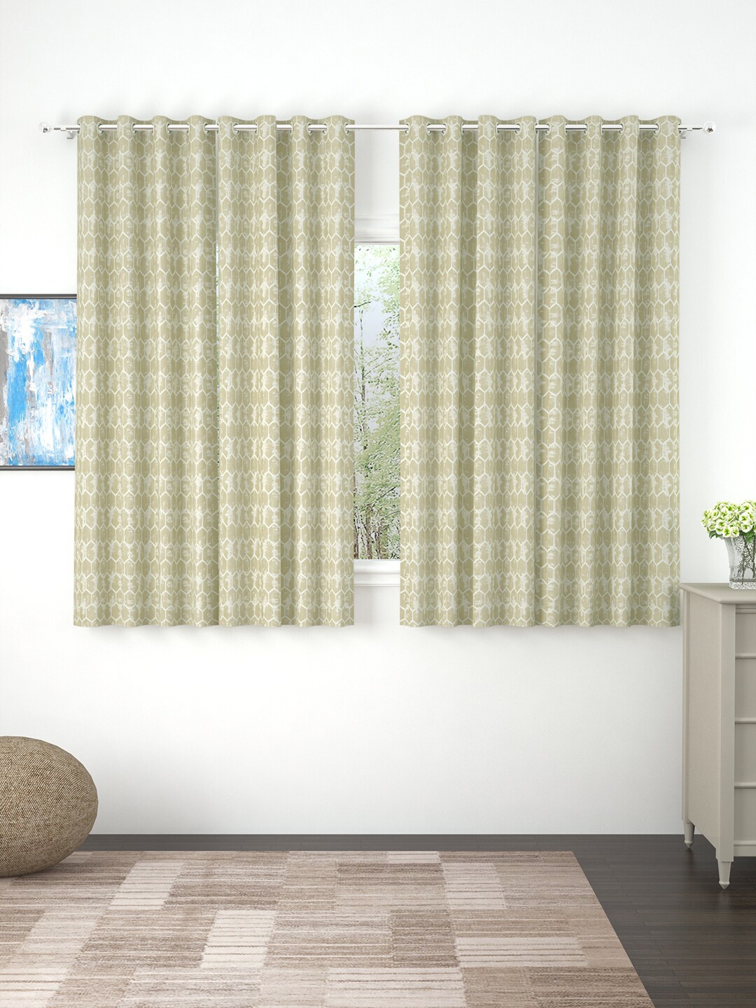 

Story@home Beige Pack Of 4 Geometric Room Darkening Window Curtain