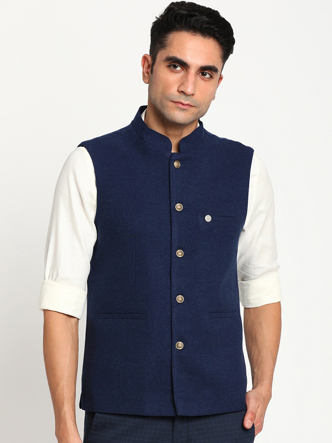 

Turtle Men Navy Blue Solid Woven Polyviscose Nehru Jacket