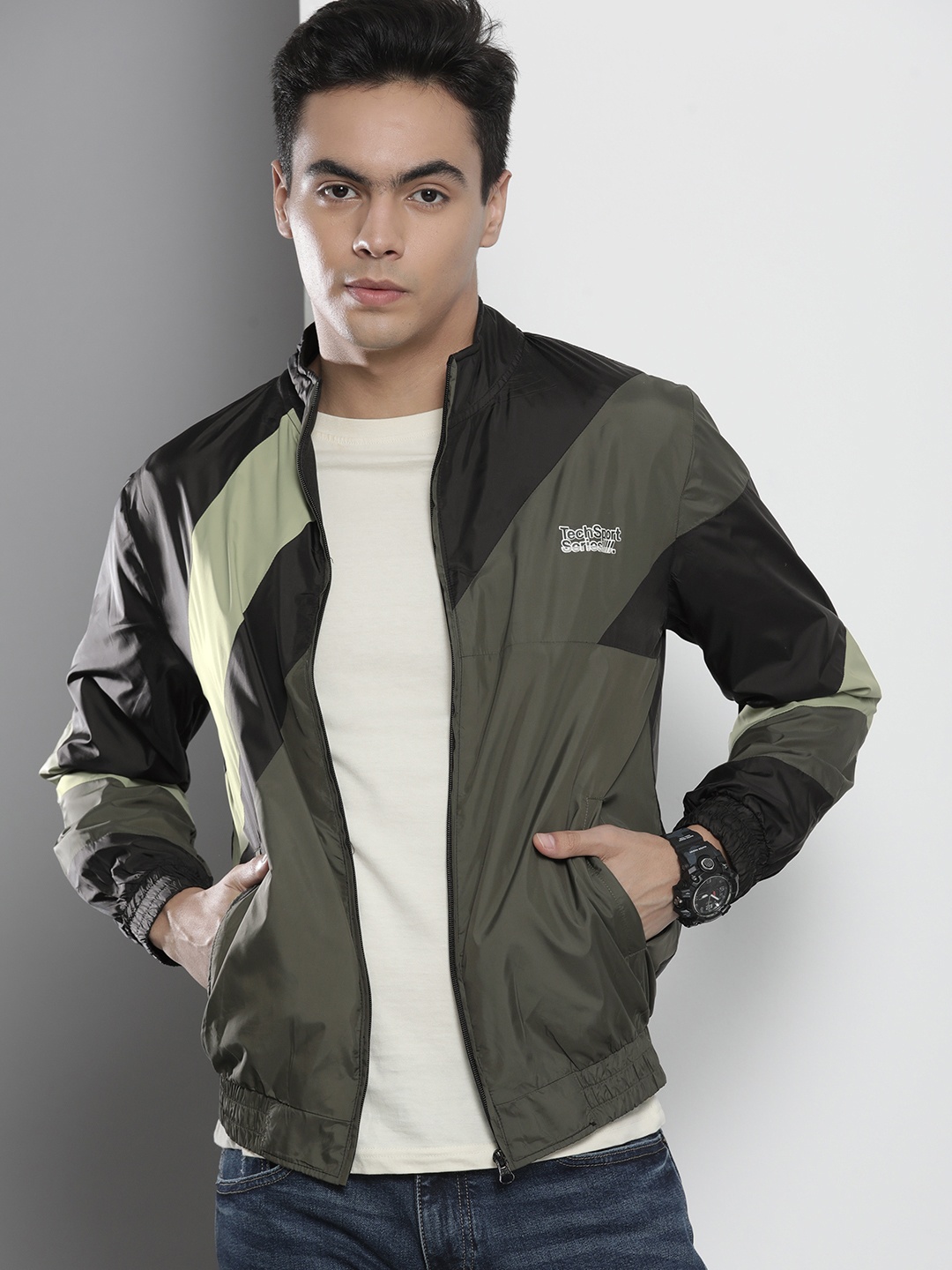 

The Indian Garage Co Men Olive Green & Black Colourblocked Windcheater Tailored Jacket