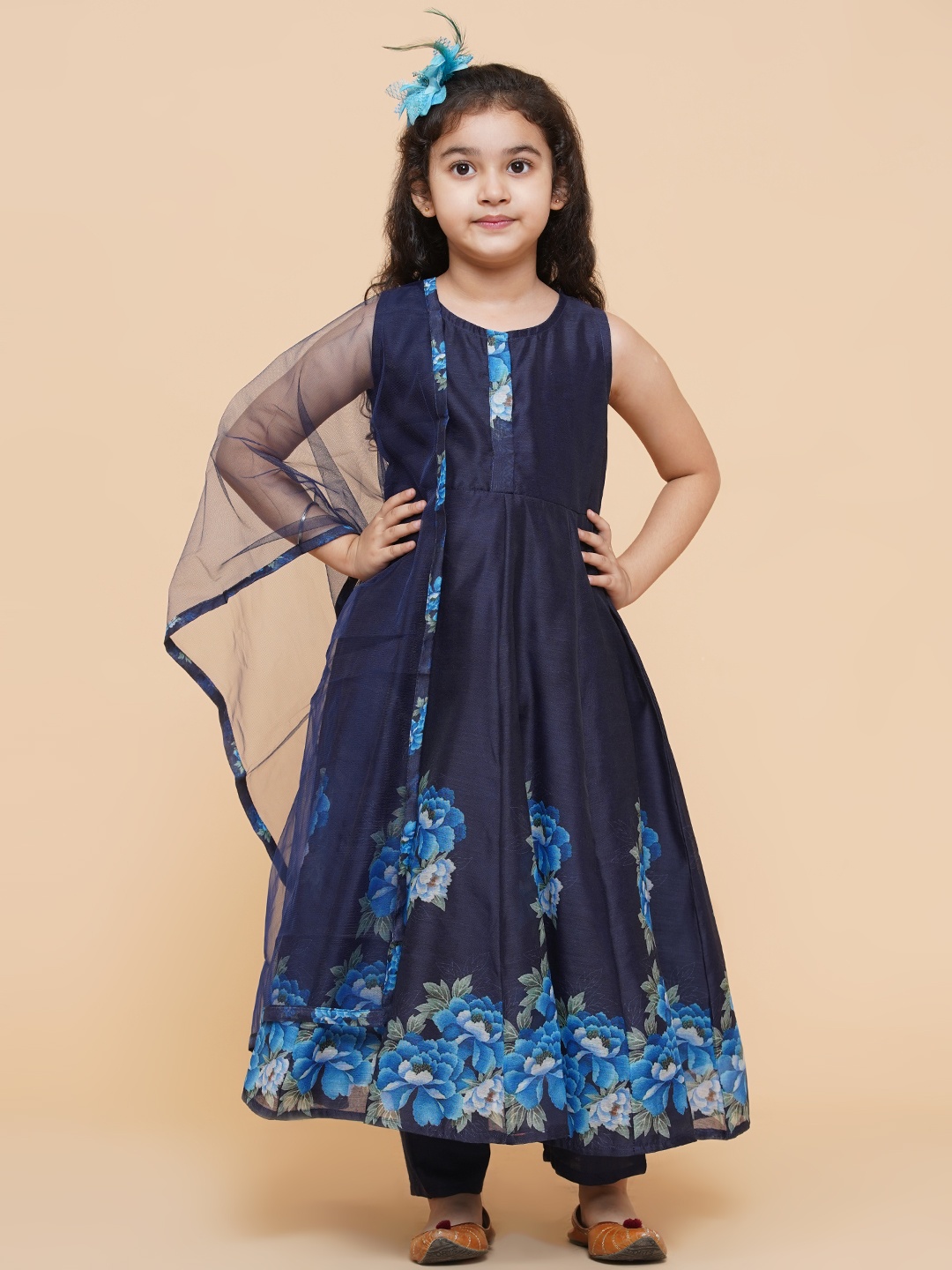 

Bitiya by Bhama Girls Navy Blue Layered Kurti with Churidar & With Dupatta