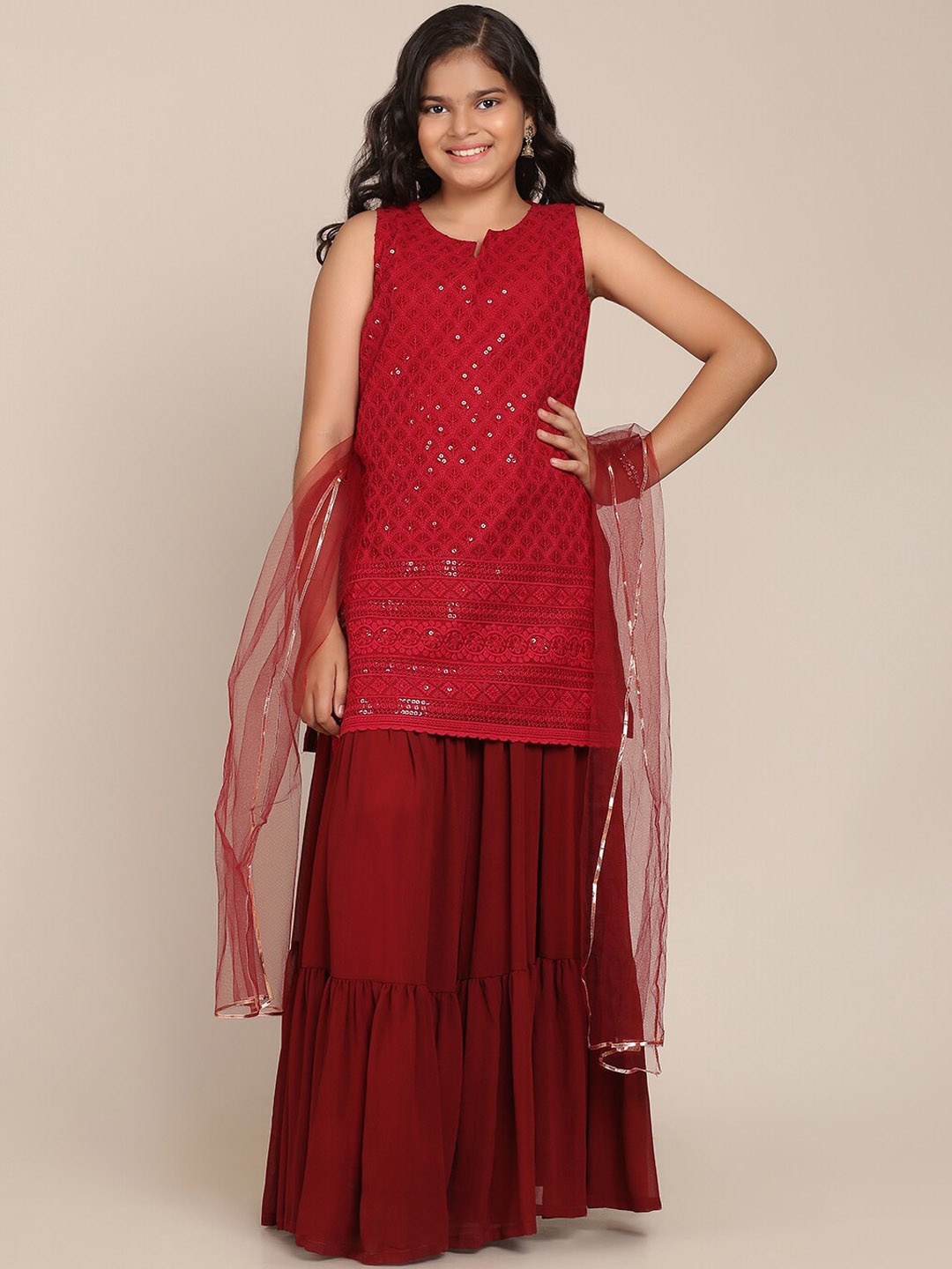 

Bitiya by Bhama Girls Maroon Embroidered Kurti with Sharara & With Dupatta