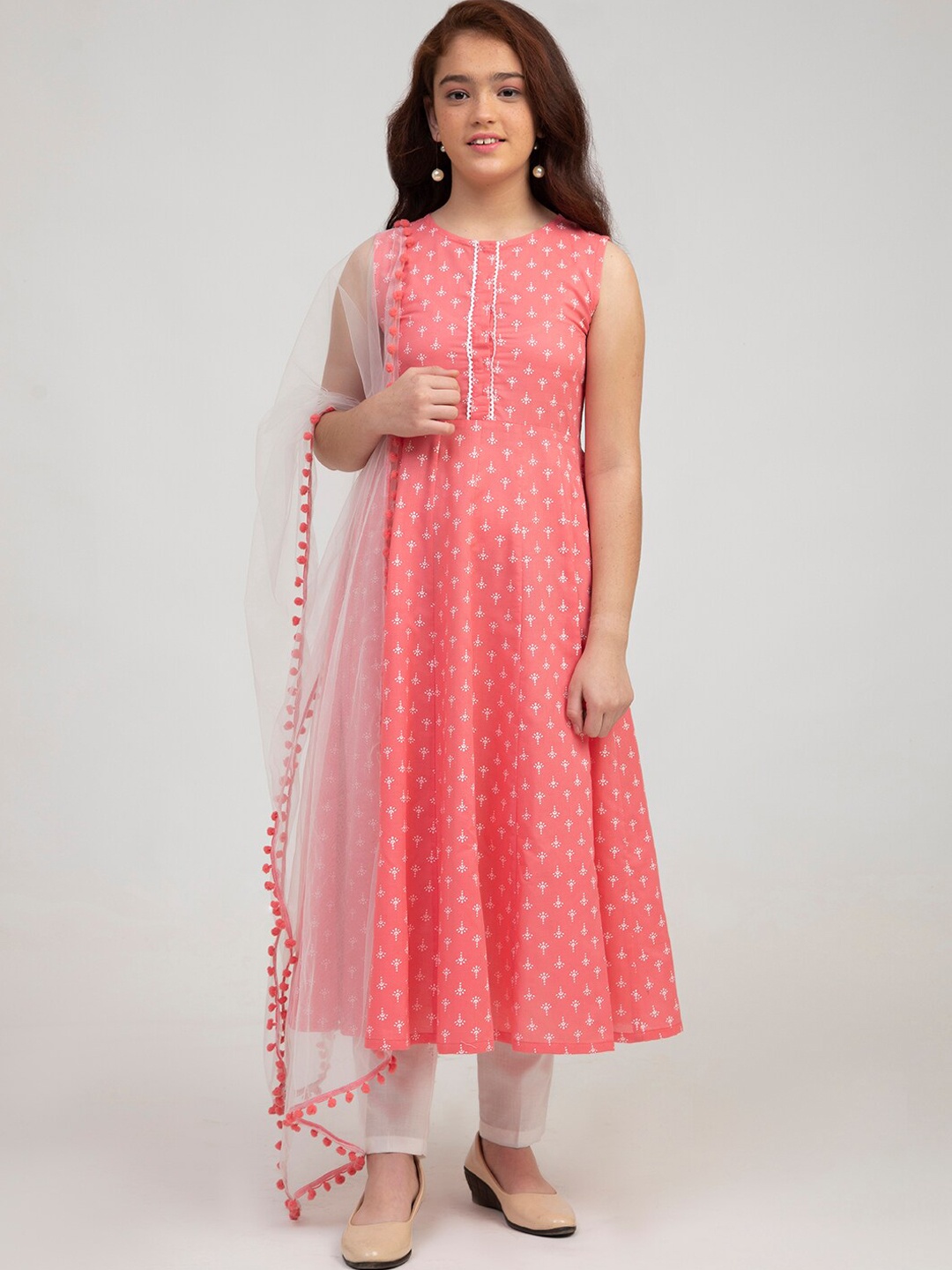 

Bitiya by Bhama Girls Pink Ethnic Motifs Printed Empire Pure Cotton Kurta with Palazzos & With Dupatta
