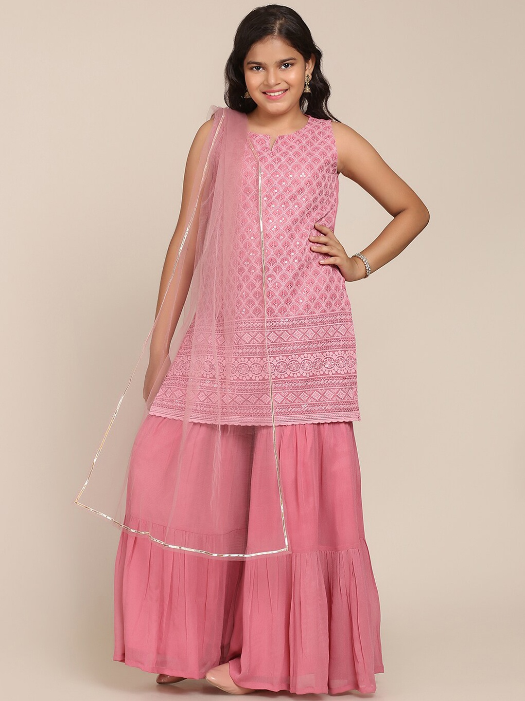

Bitiya by Bhama Girls Pink Embroidered Kurti with Sharara & With Dupatta