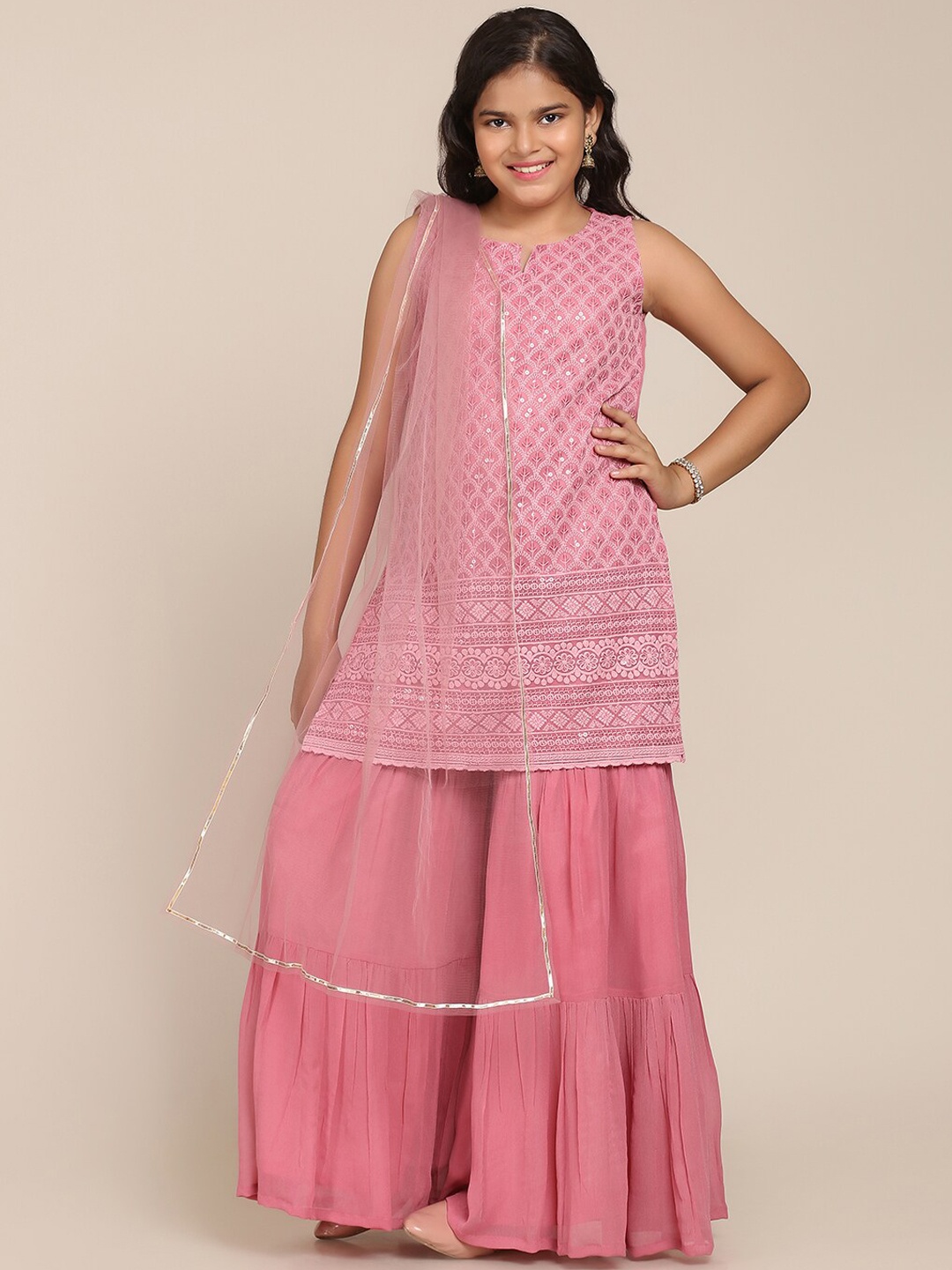 

Bitiya by Bhama Girls Pink Embroidered Kurti with Sharara & With Dupatta