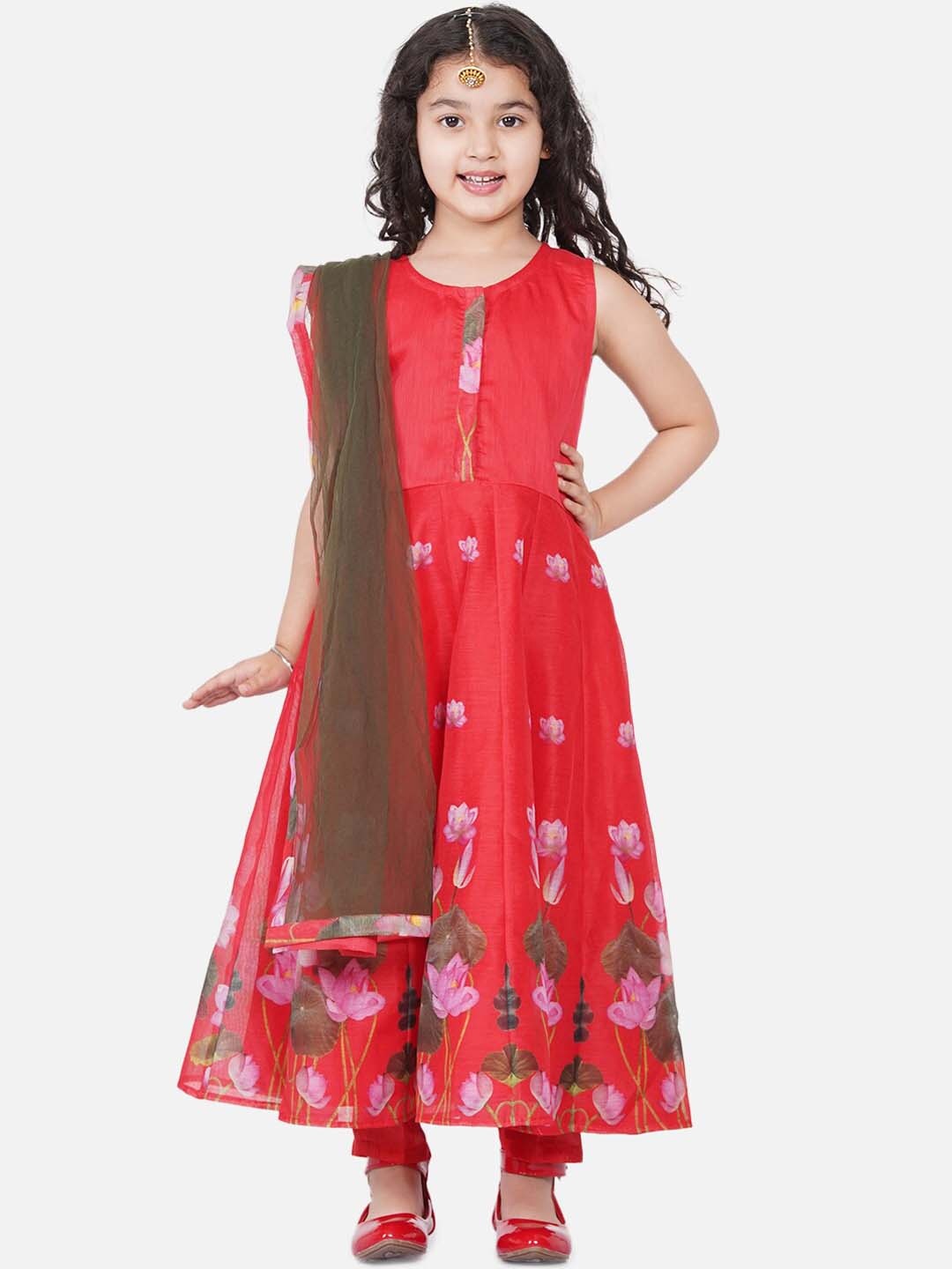 

Bitiya by Bhama Girls Red Ethnic Motifs Printed Panelled Chanderi Cotton Kurti with Churidar & With Dupatta