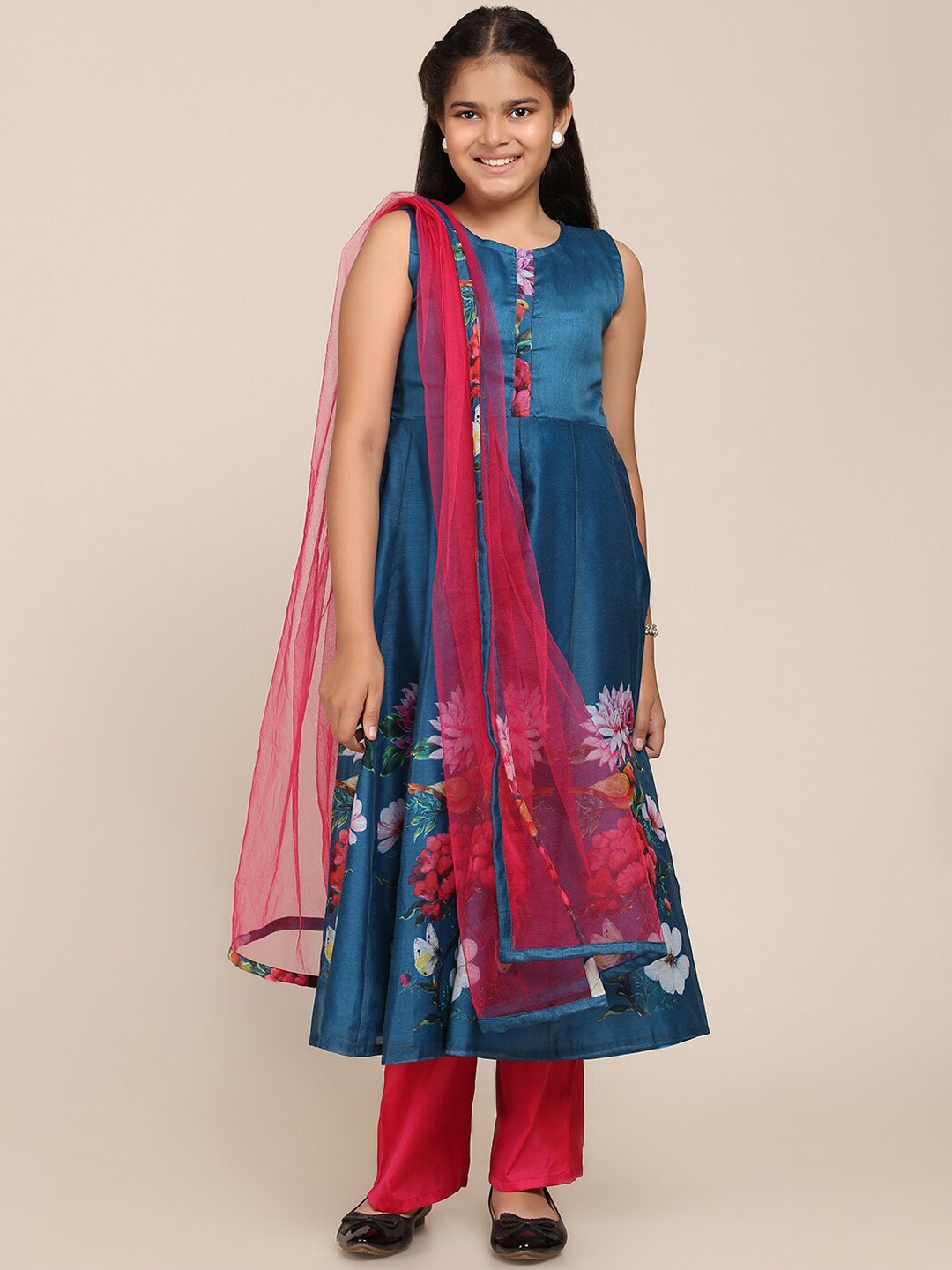 

Bitiya by Bhama Girls Blue Floral Kurta with Palazzos & With Dupatta