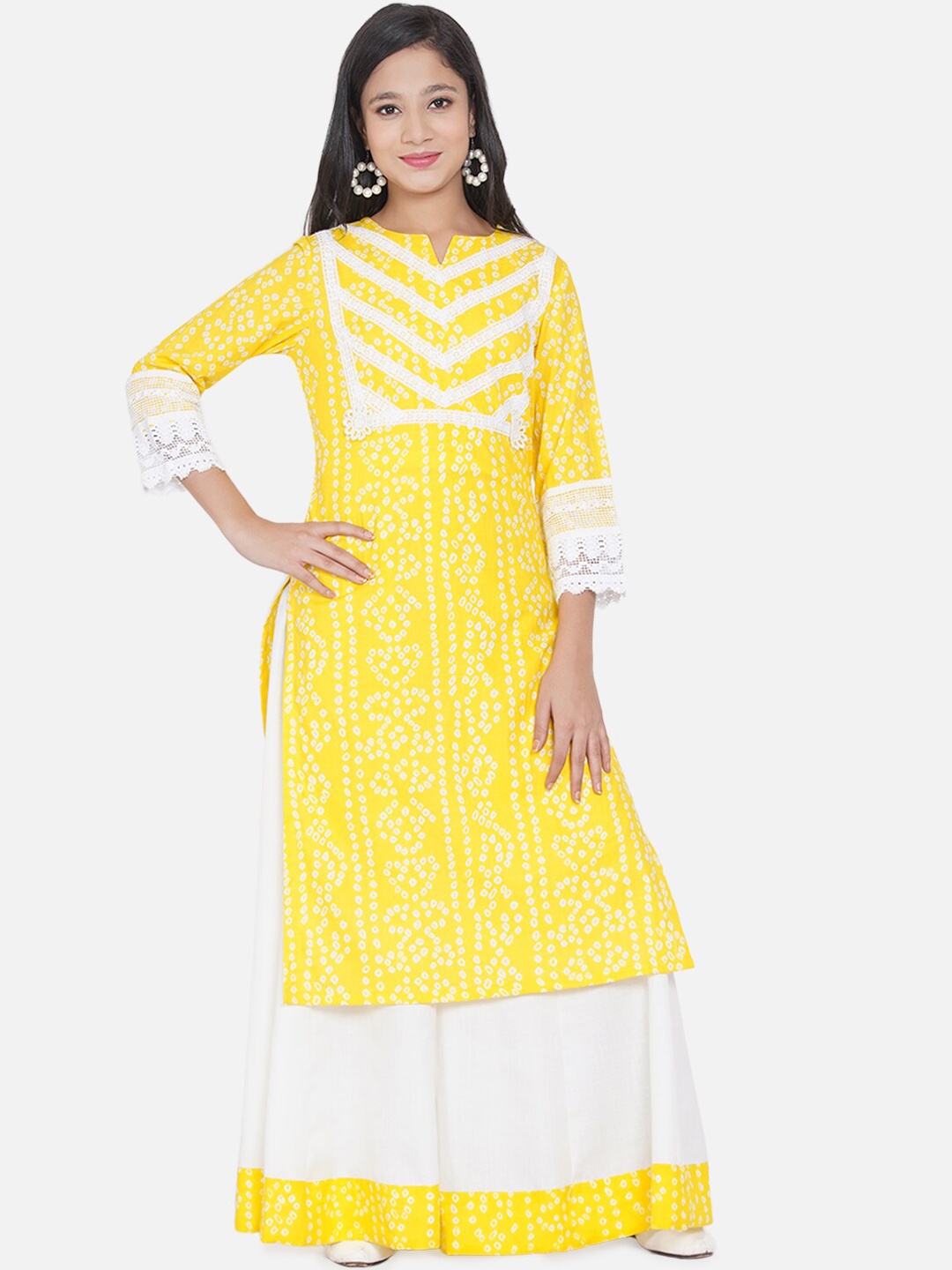 

Bitiya by Bhama Girls Yellow Ethnic Motifs Printed Kurta with Skirt & With Dupatta