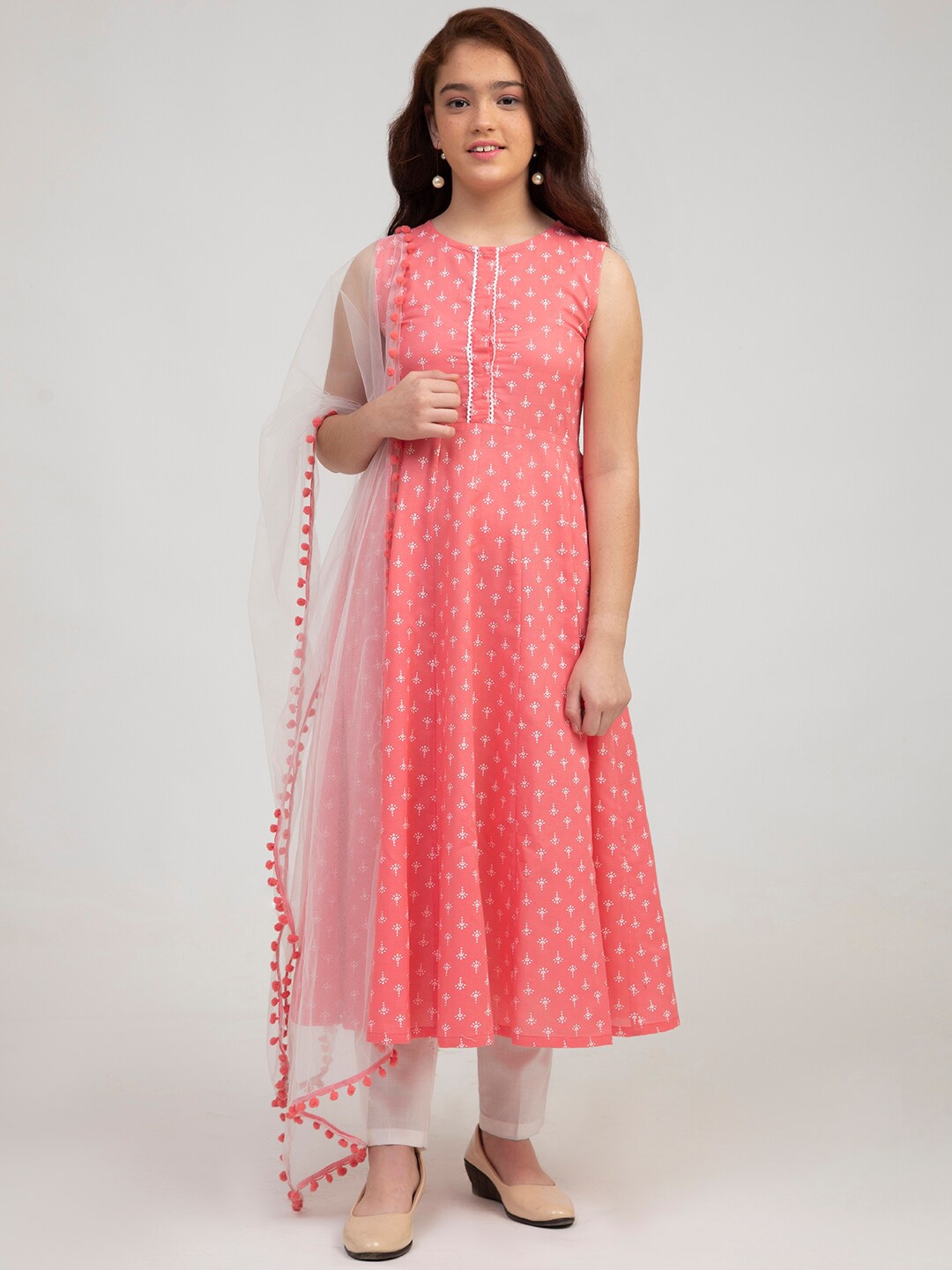 

Bitiya by Bhama Girls Pink Ethnic Motifs Printed Empire Pure Cotton Kurta with Palazzos & With Dupatta