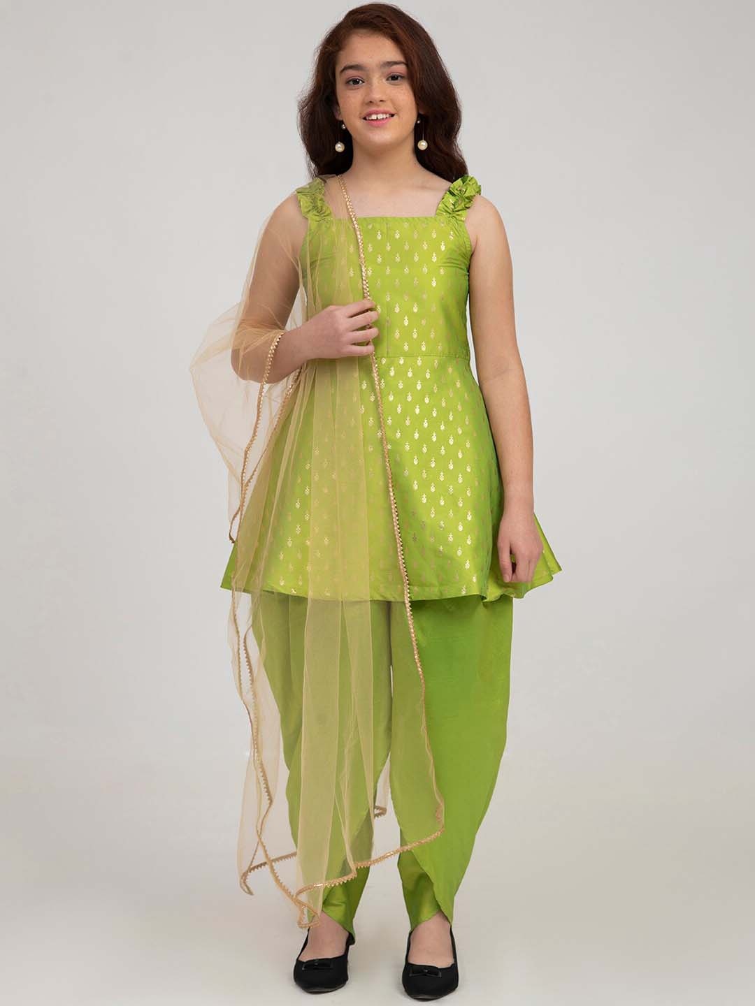 

Bitiya by Bhama Girls Green Ethnic Motifs Panelled Kurti with Dhoti Pants & With Dupatta