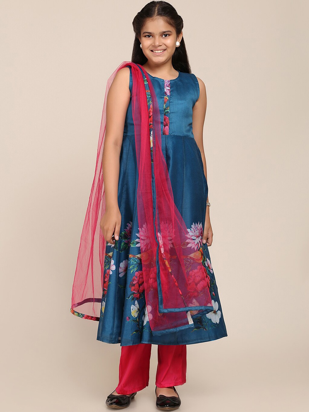 

Bitiya by Bhama Girls Blue Floral Kurta with Palazzos & With Dupatta
