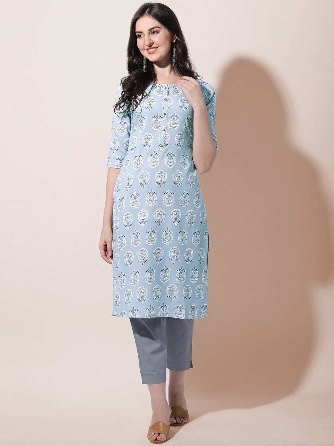 

KALINI Women Plus Size Grey Printed Thread Work Block Print Kurta