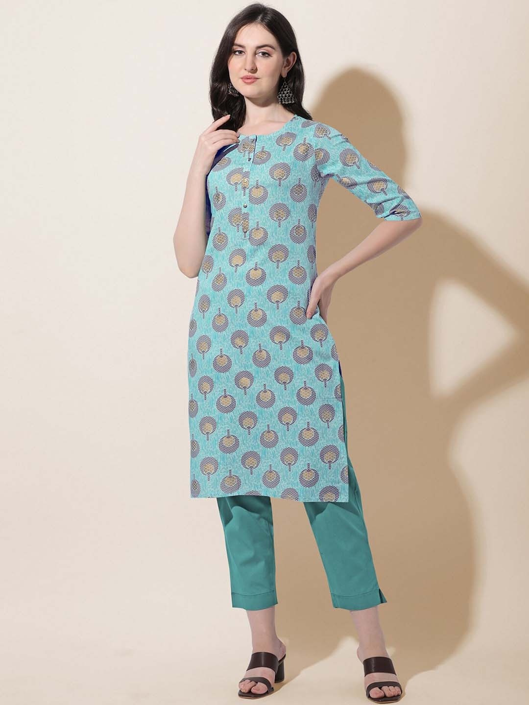 

KALINI Women Plus Size Turquoise Blue Ethnic Printed Block Print Kurta