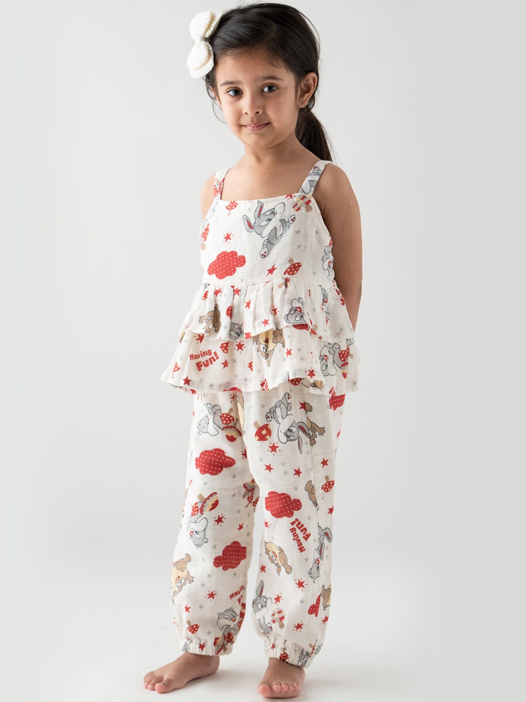 

Little Musketeer Girls Off White & Red Printed Top with Capris