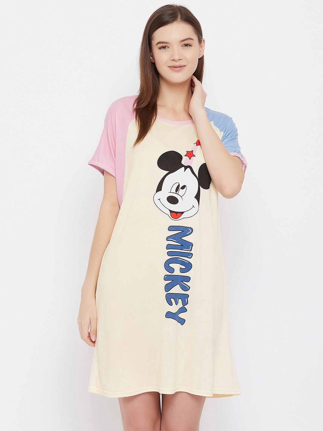 

Camey Cream & Women Pink Printed Knee Length Nightdress