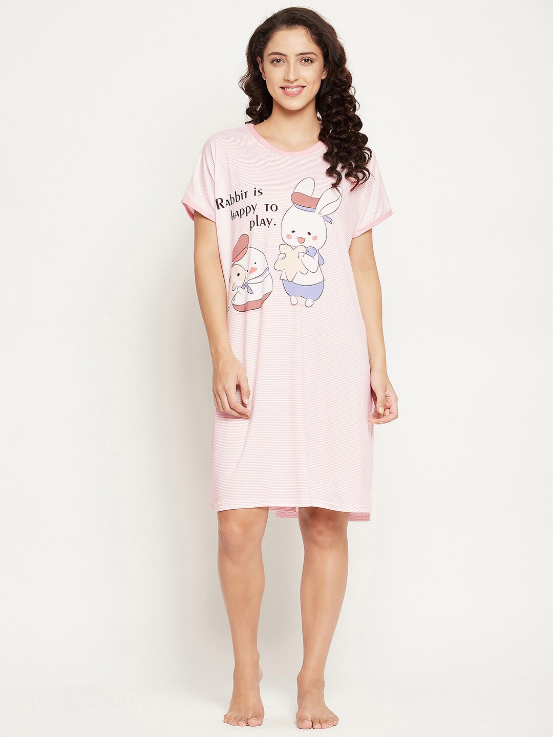

Camey Pink Printed Knee Length Striped Nightdress