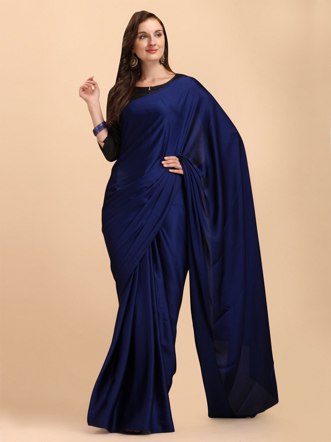 

Sangria Navy Blue Solid Satin Saree
