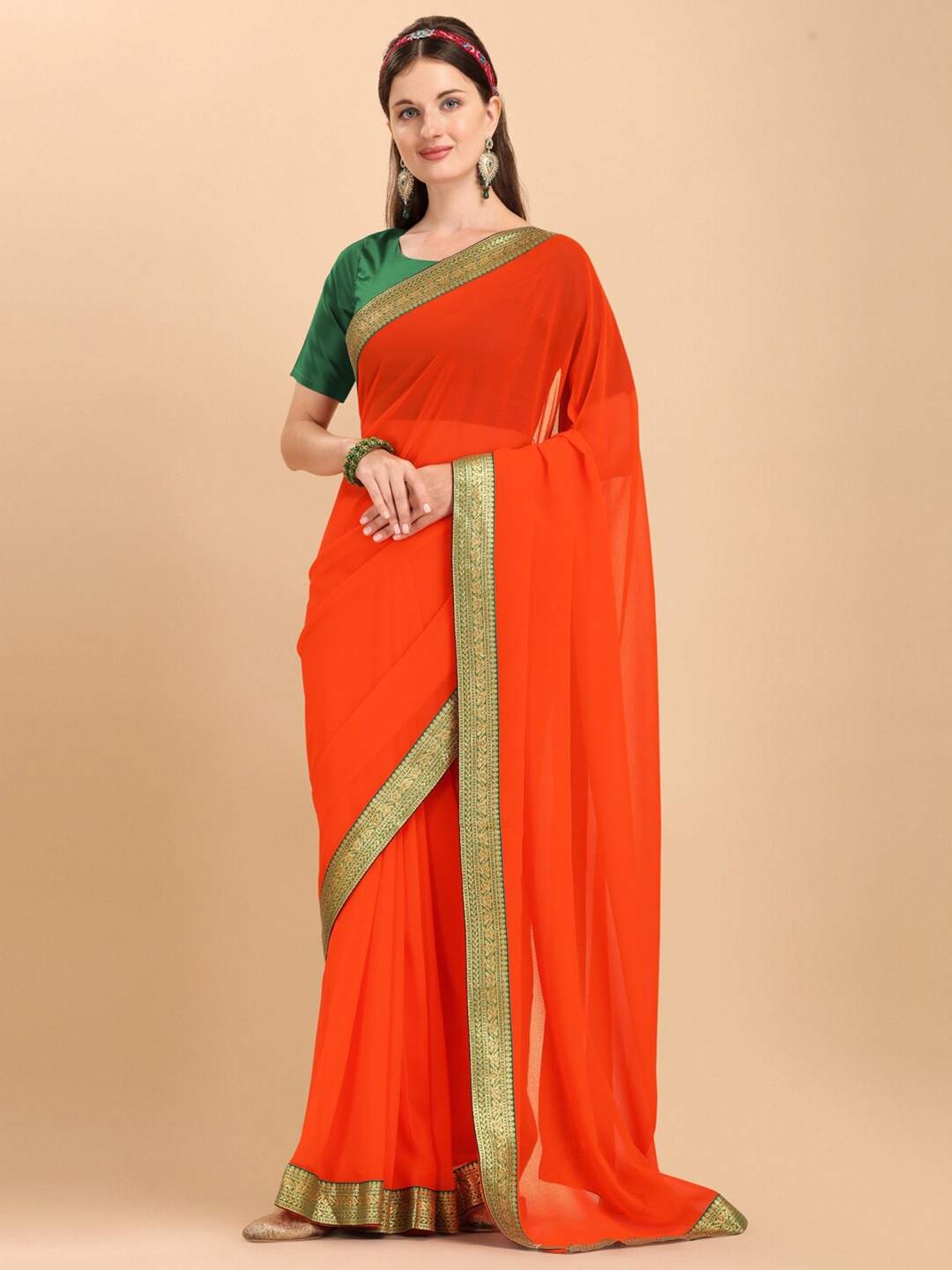 

Sangria Orange & Green Zari Pure Georgette Saree