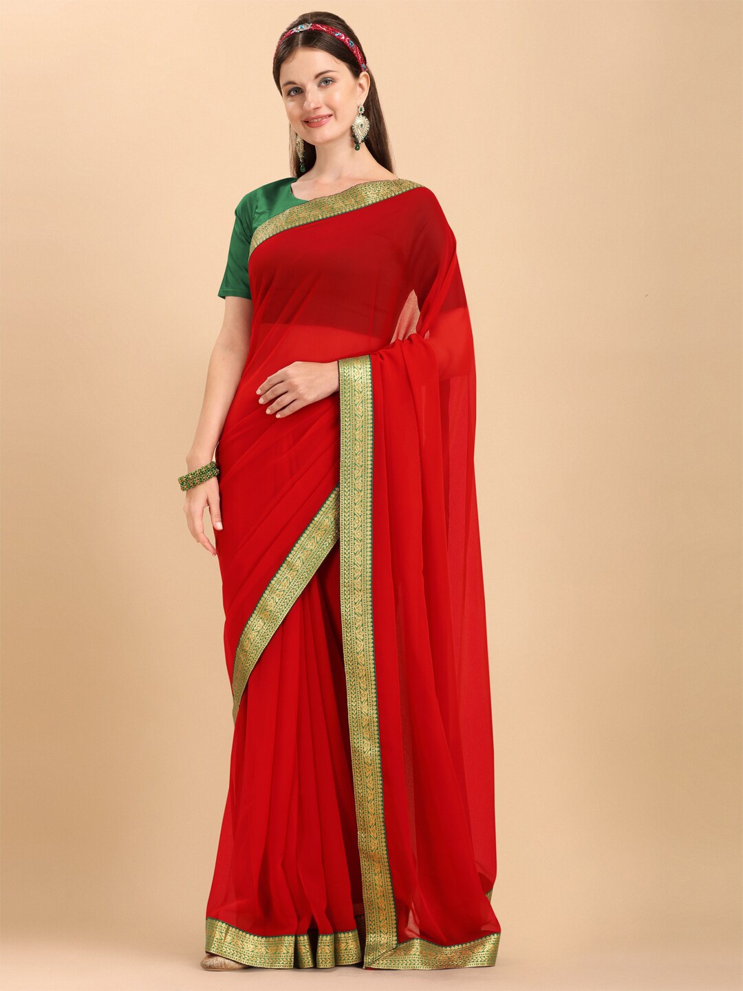 

Sangria Red & Green Solid Pure Georgette Saree