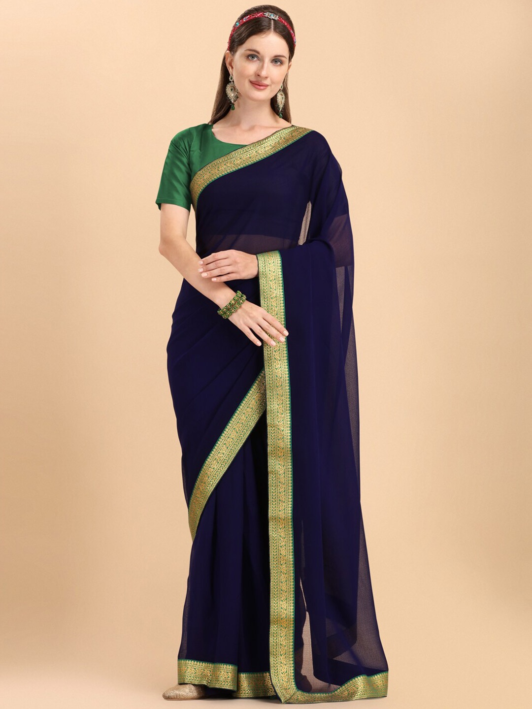 

Sangria Navy Blue & Green Pure Georgette Saree