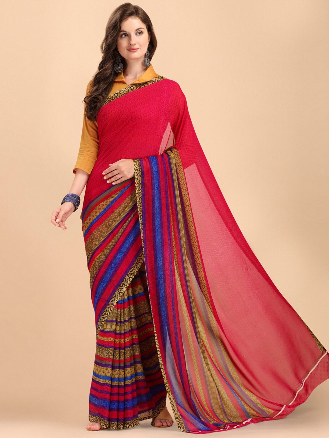 

Sangria Red & Blue Striped Pure Georgette Saree