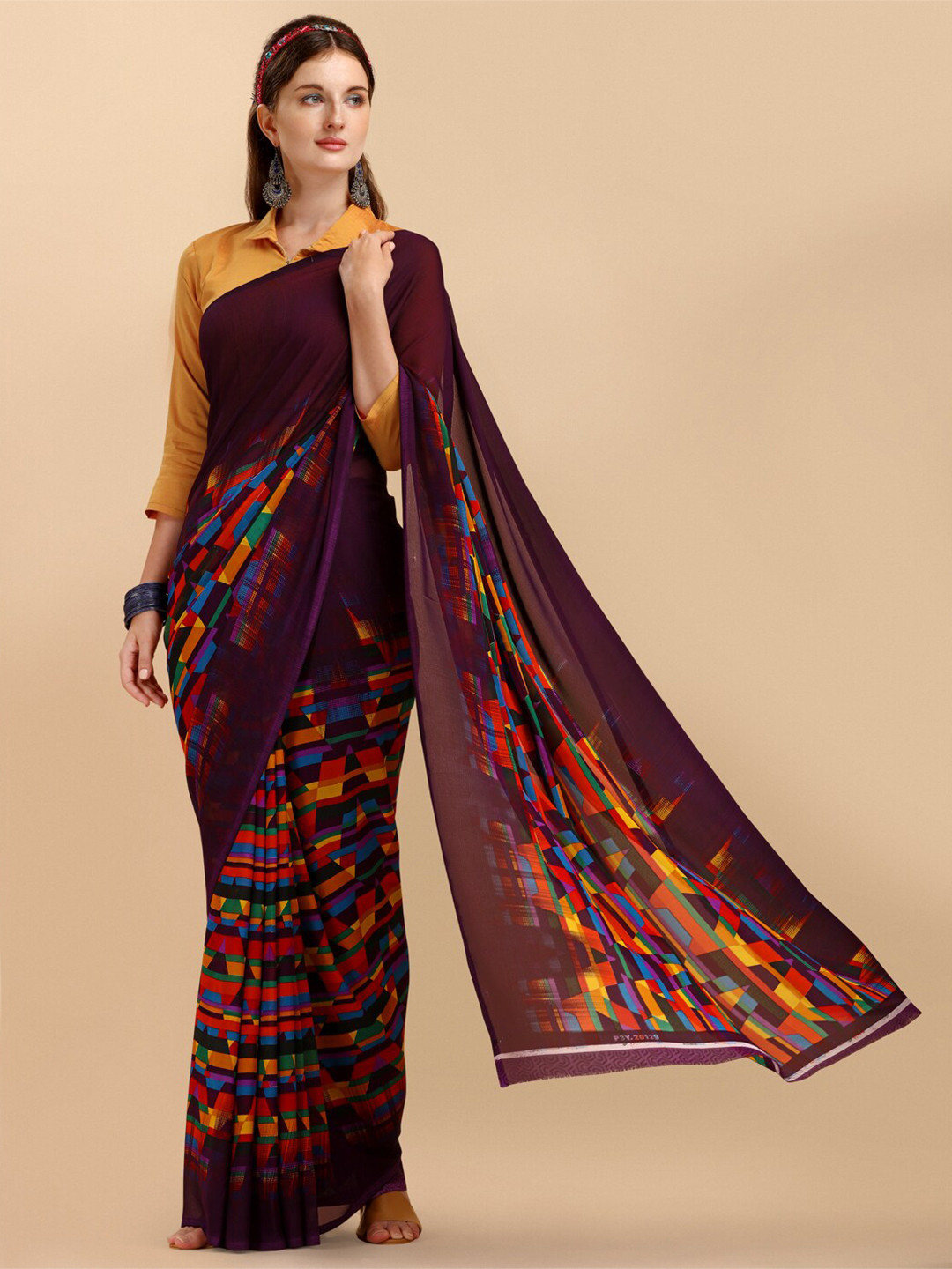 

Sangria Purple & Blue Printed Pure Georgette Saree
