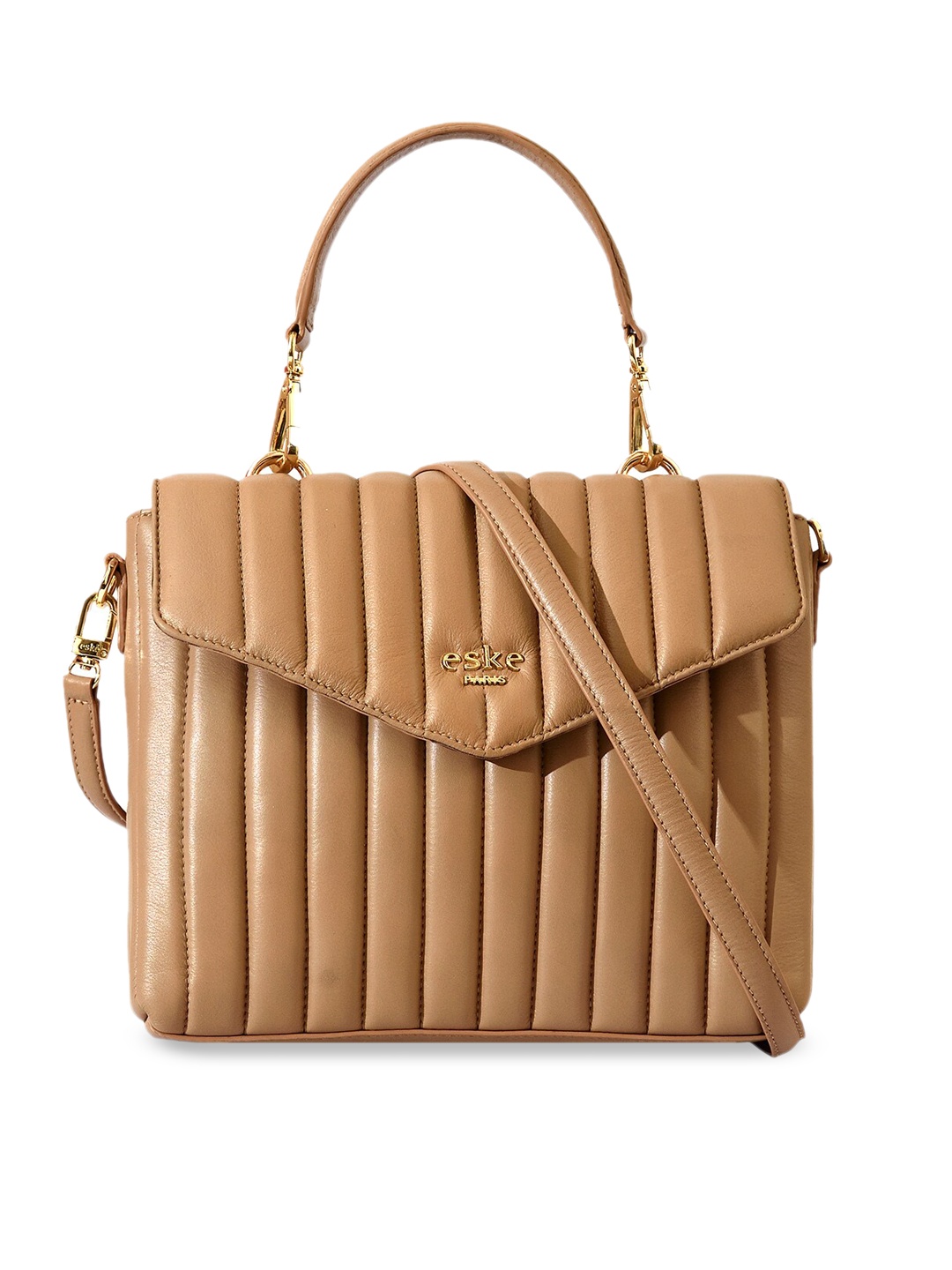 

Eske Beige Leather Structured Satchel with Quilted