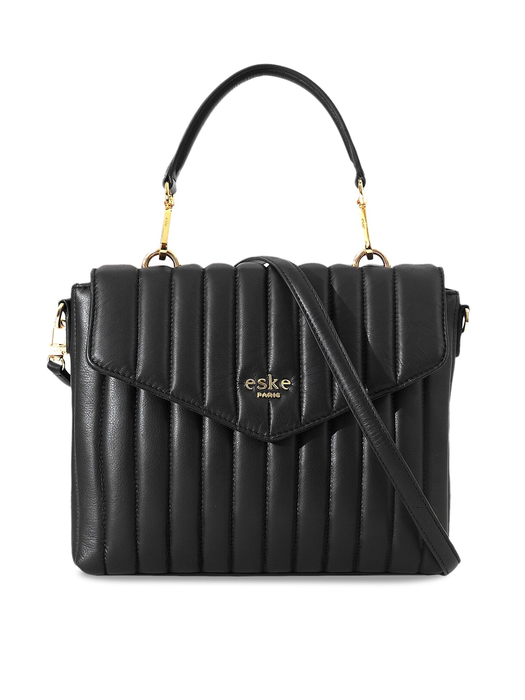 

Eske Black Textured Leather Structured Handheld Bag with Quilted