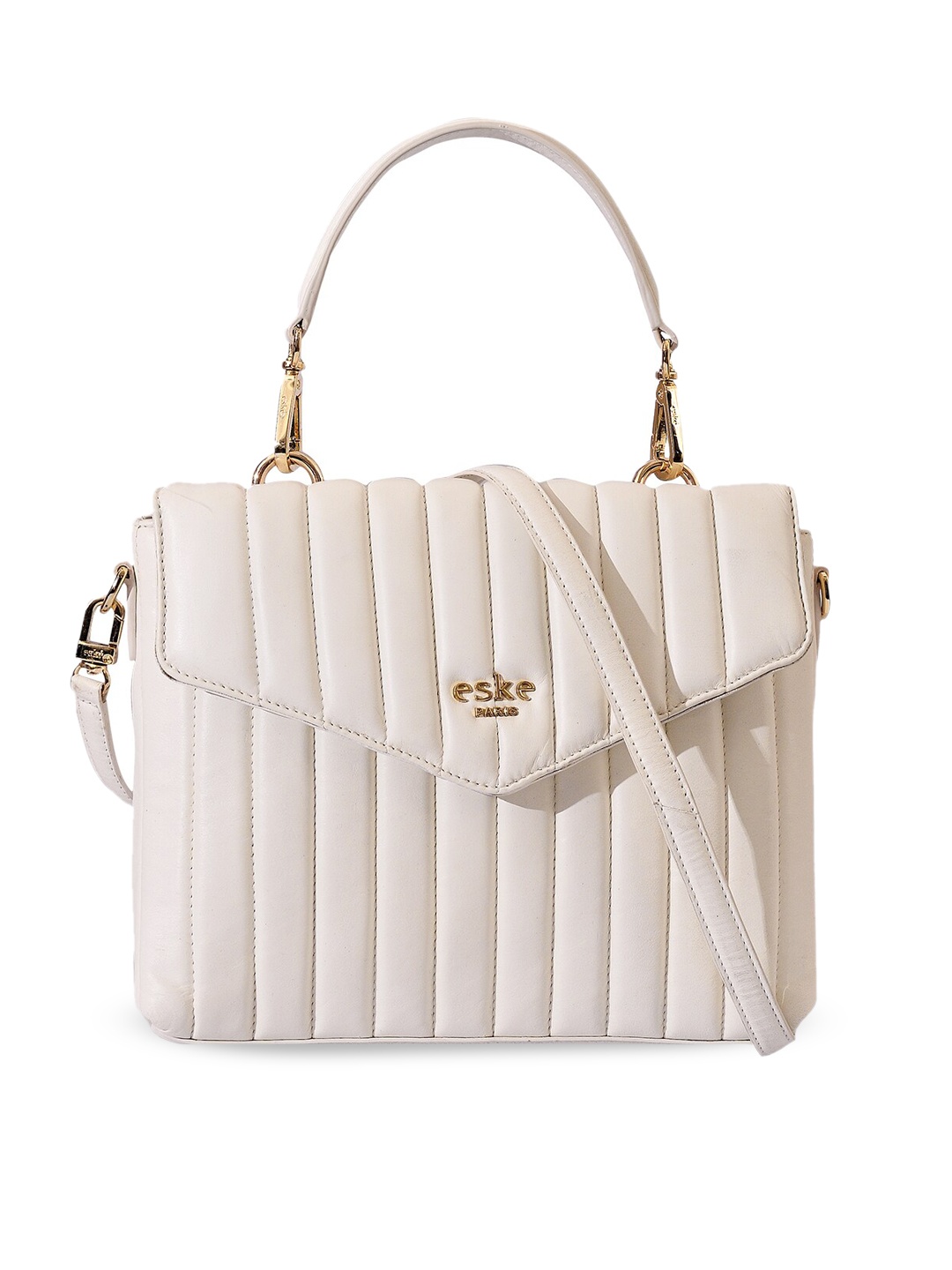 

Eske White Textured Leather Structured Satchel with Quilted