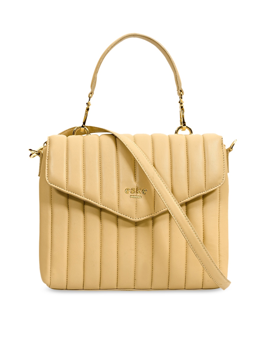 

Eske Women Beige Textured Leather Structured Satchel with Quilted