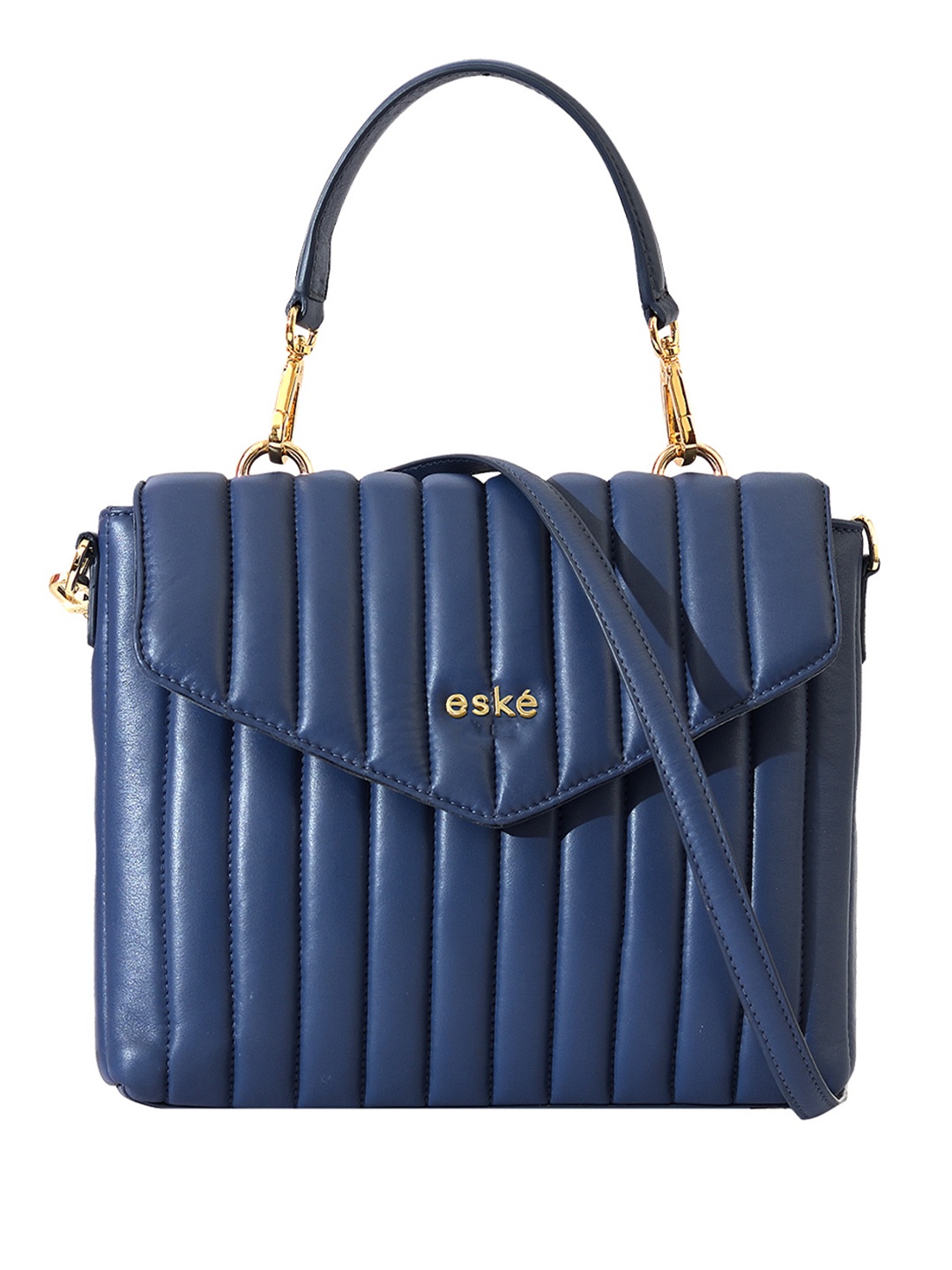 

Eske Navy Blue Textured Leather Shopper Satchel with Quilted