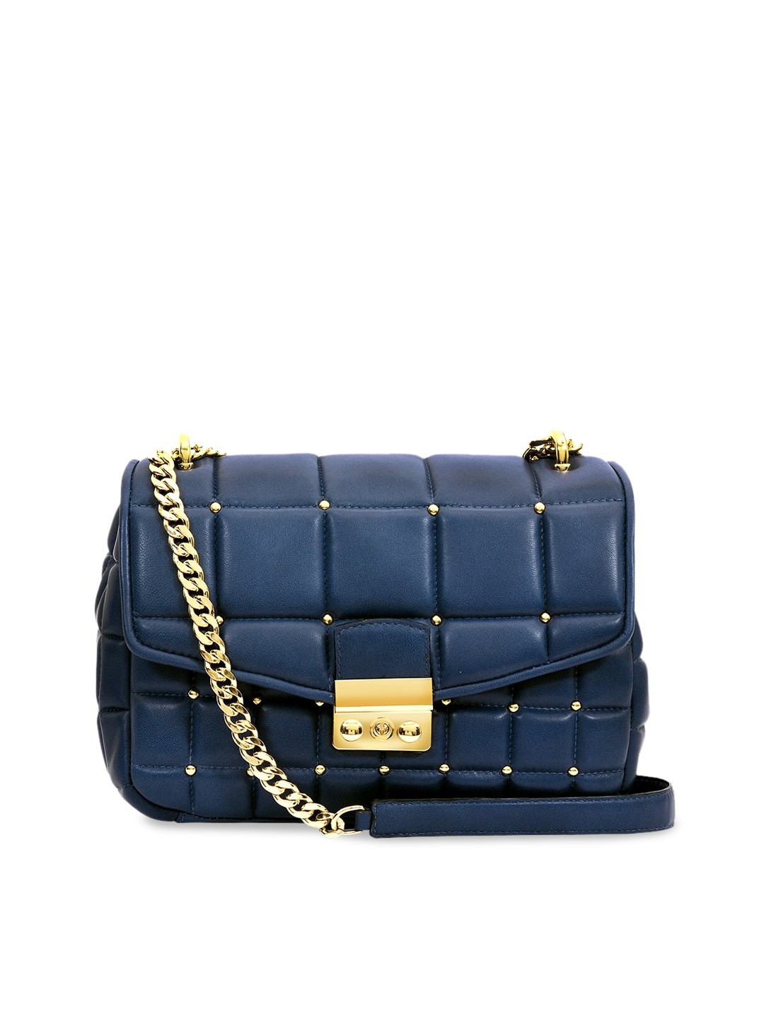 

Eske Navy Blue Leather Structured Sling Bag with Quilted