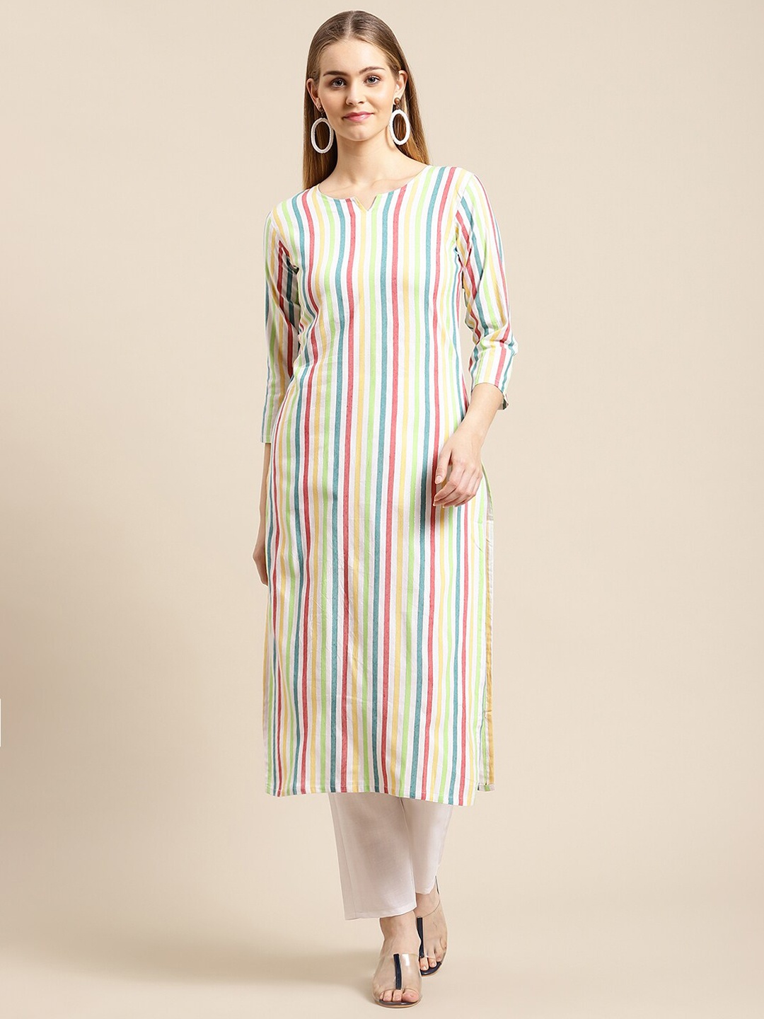 

GUNVANTI FAB Women Multicoloured Striped Panelled Kurti with Trousers, Multi