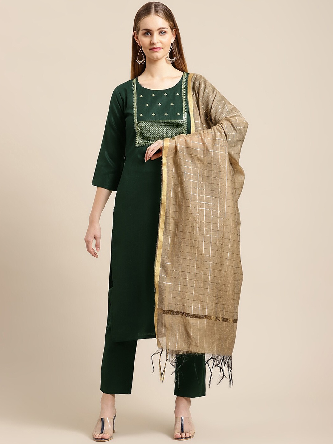 

GUNVANTI FAB Women Green Layered Sequinned Kurti with Trousers & With Dupatta