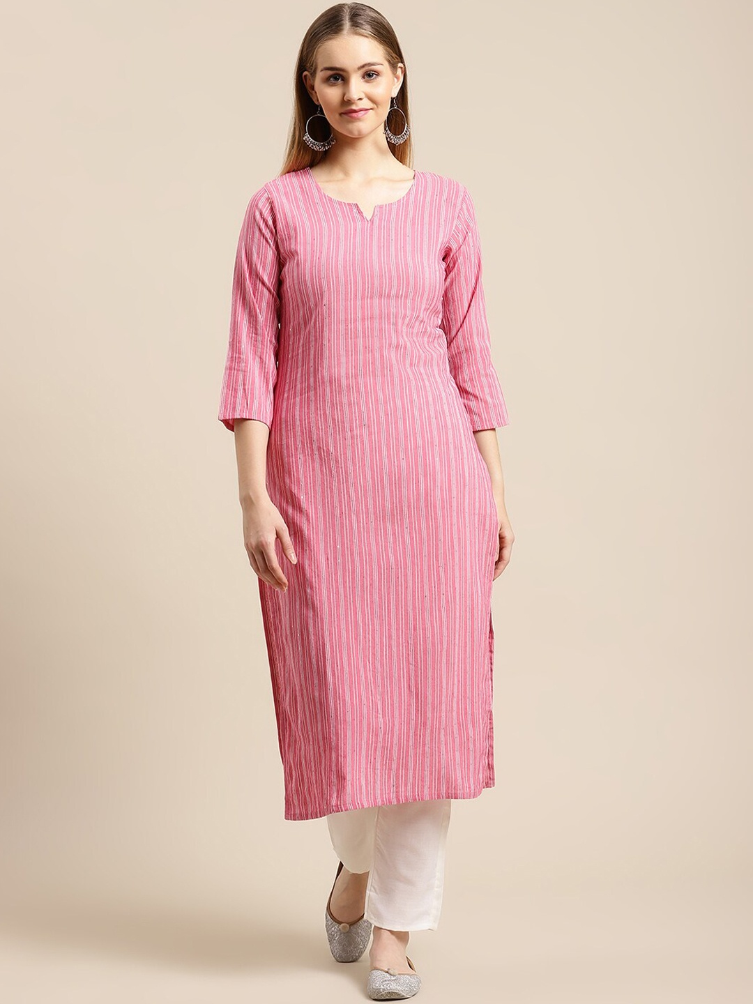 

GUNVANTI FAB Women Pink Striped Panelled Sequinned Kurta with Trousers