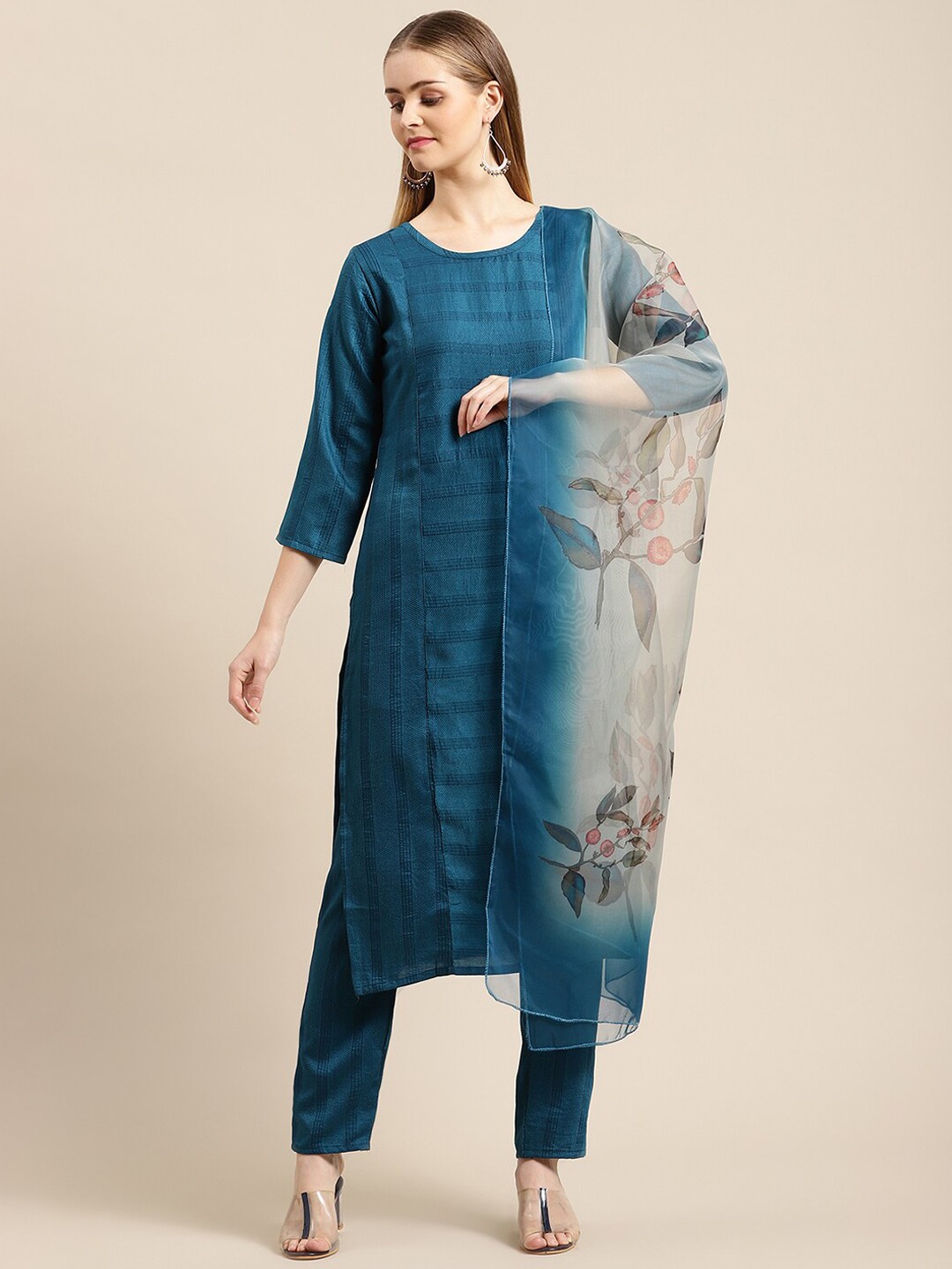 

GUNVANTI FAB Women Blue Embroidered Kurta with Trousers & With Dupatta