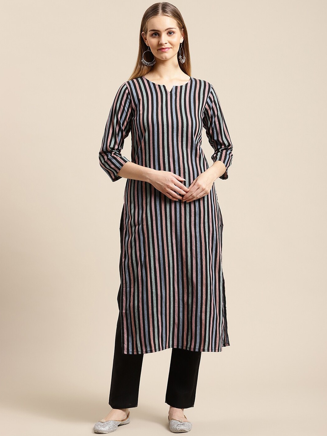 

GUNVANTI FAB Women Multicoloured Striped Panelled Kurti with Trousers, Multi