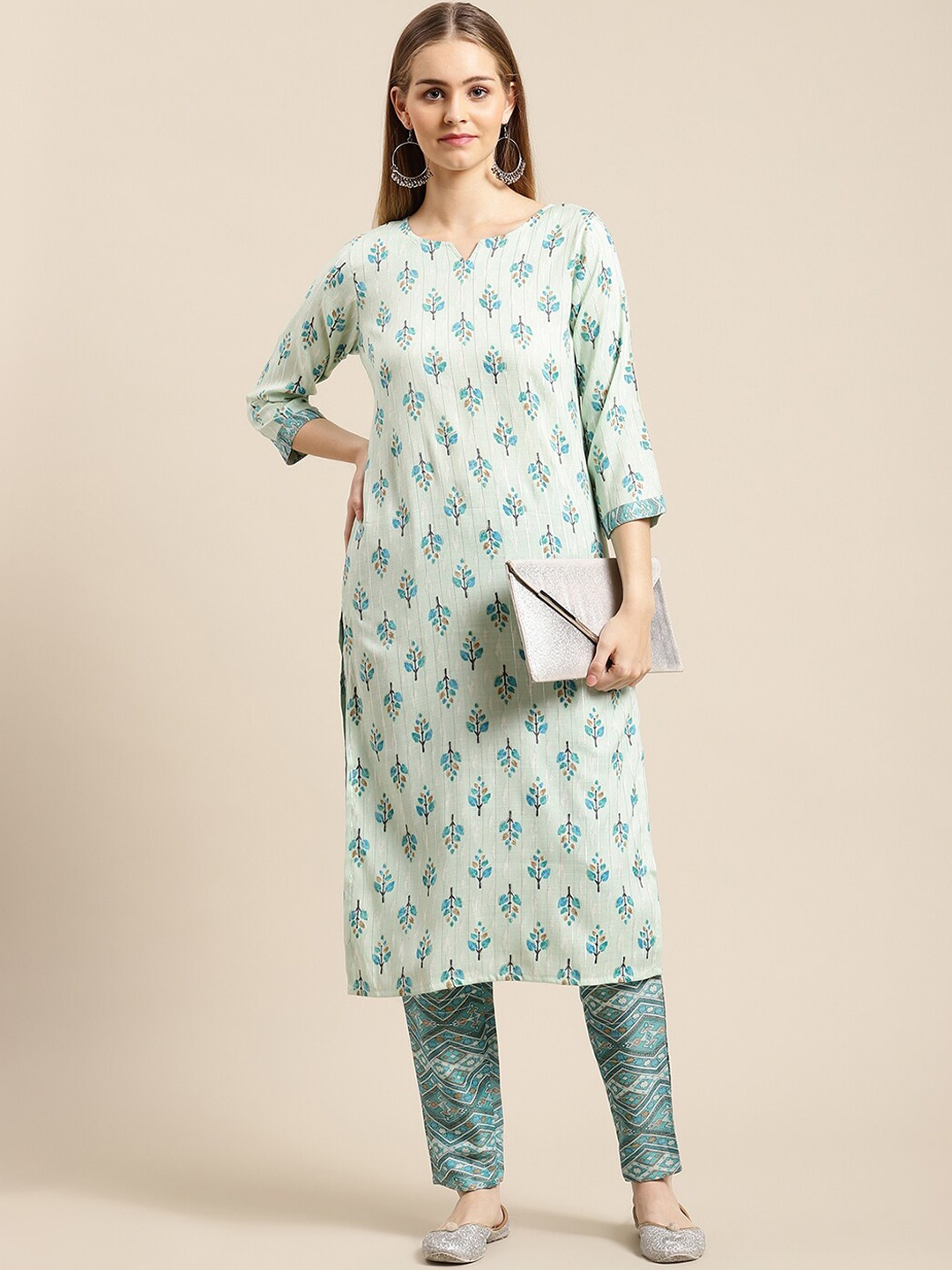 

GUNVANTI FAB Women Blue Printed Pleated Pure Cotton Kurti with Trousers
